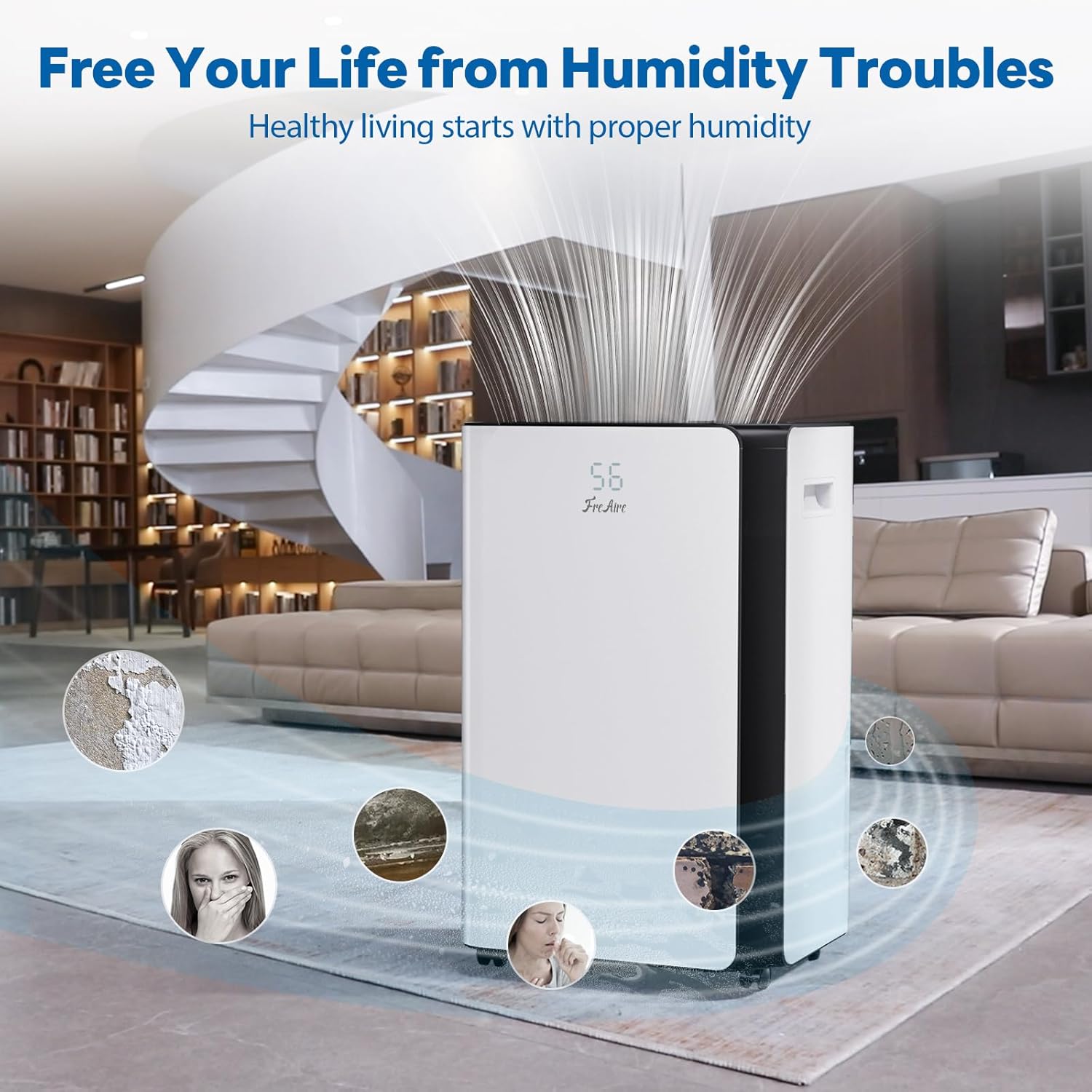 FreAire 54Pint Dehumidifier for 4500Sq.Ft, Compressor Dehumidifiers for Home, Front Humidity Value Display&Quiet Dehumidifier for Basement, Bedroom, Bathroom, with Drain Hose, 1.13 Gallon Water Tank