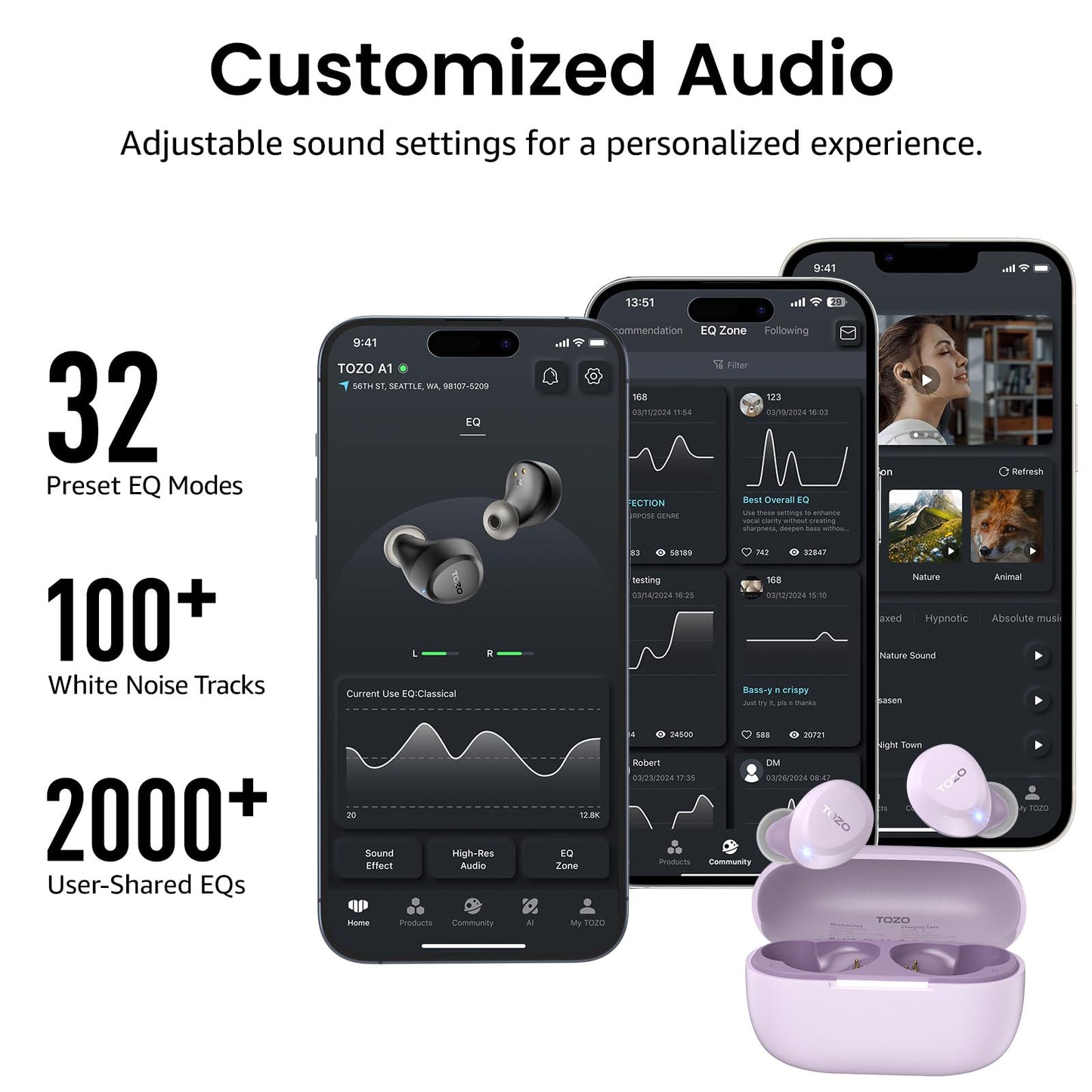 TOZO A1 Wireless Earbuds Bluetooth 5.3 Light Weight in Ear IPX5 Waterproof Headphones 2 Mic for AI Calls, Immersive Premium Sound Bass Headset with Charging Case, 32 Presets EQ Customization via App