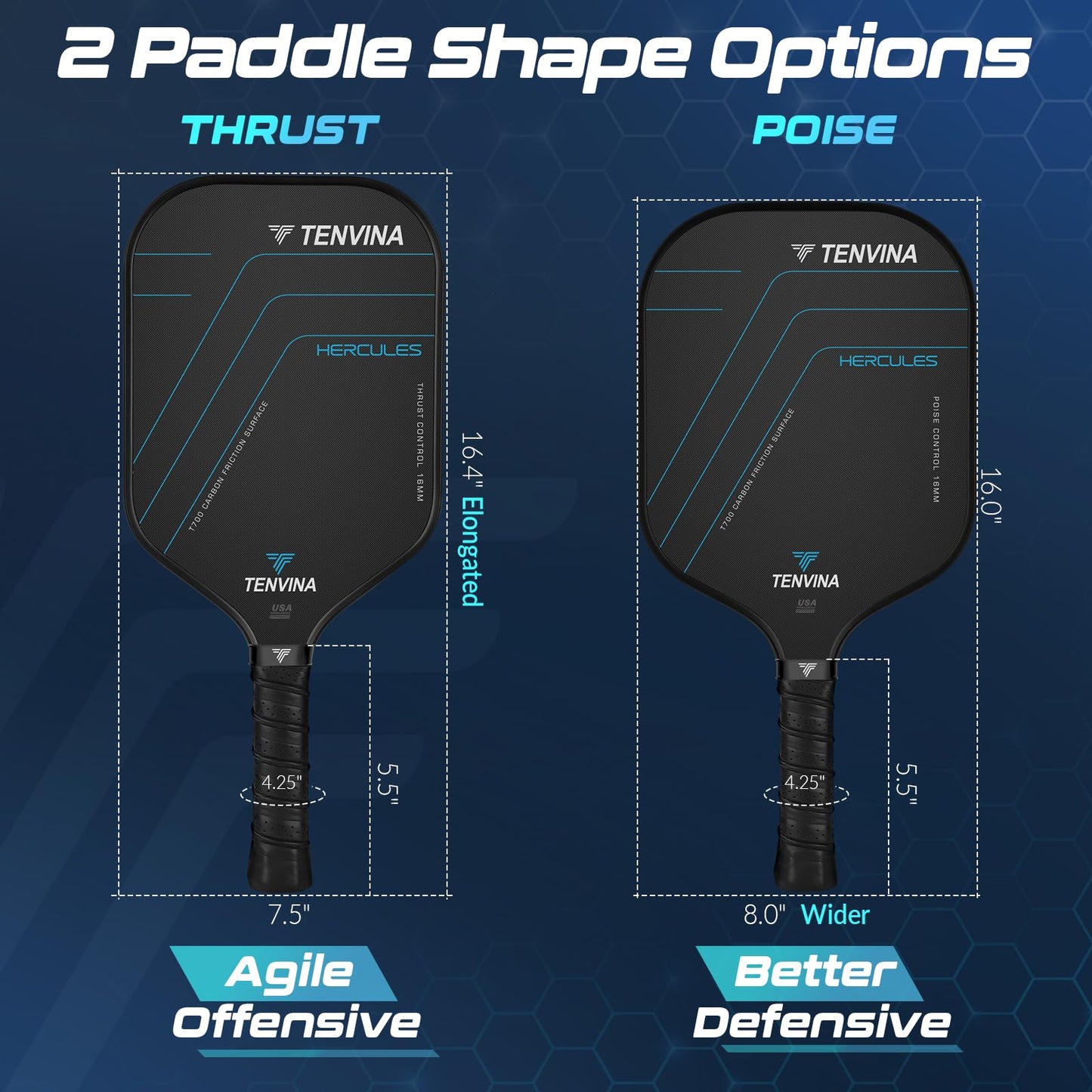 TENVINA Pickleball Paddles, Multi-Layer T700SC Textured Carbon Fiber Pickleball Paddle, 4-Types of Shapes and Thicknesses, Strong Spin & Power Surface of USAPA Approved Pickle Ball Paddle