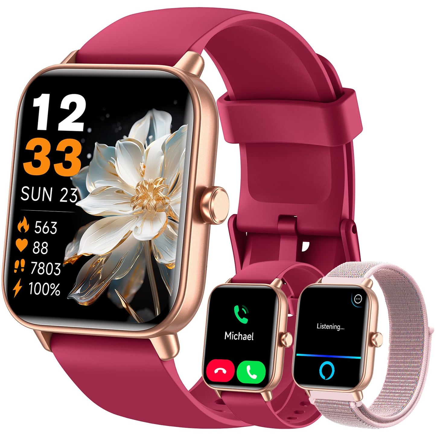 Hingso Smart Watch for Women Men, 1.85" Fitness Tracker for Android/iPhone | Bluetooth Call & Text Alert, Alexa Built-in, 24/7 Heart Rate/SpO2/Sleep/Cycles Monitor, 120+ Sports, IP68 Waterproof, 2 Bands