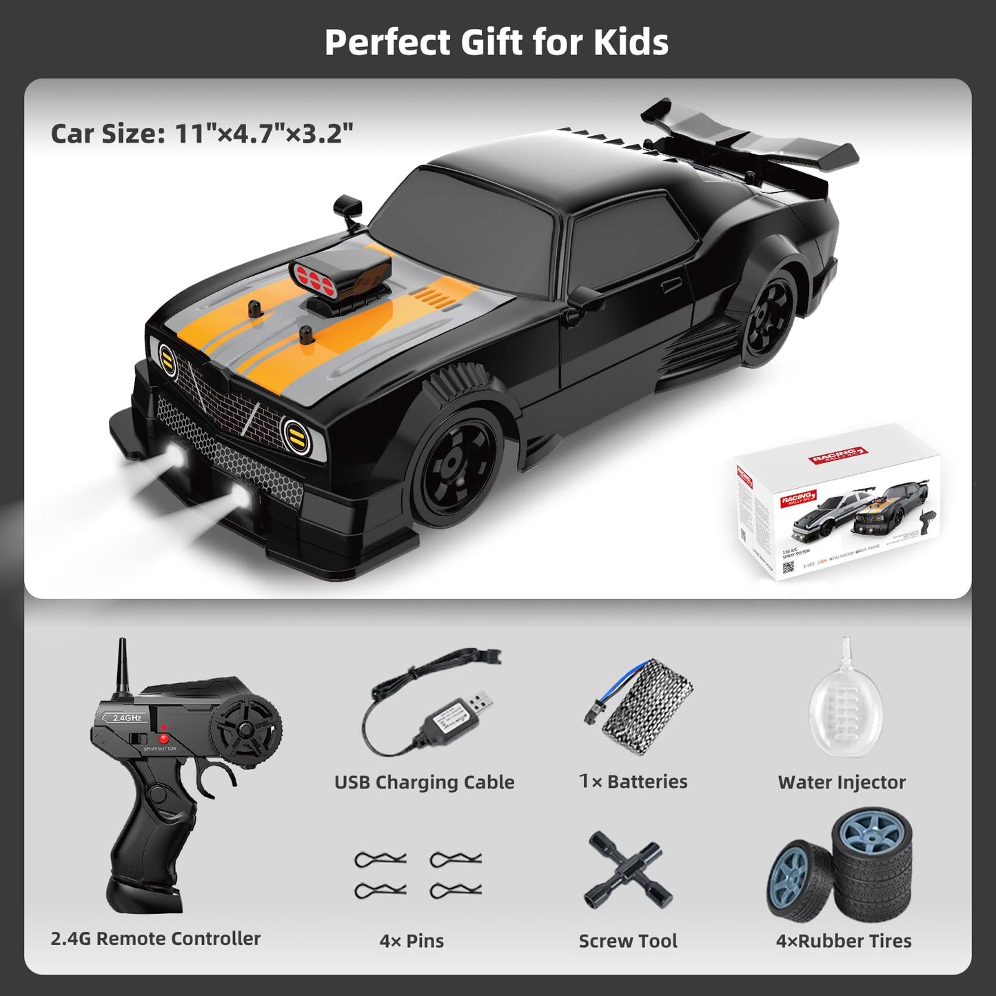 Sakeye RC Drift Car 1/16 2.4GHz 4WD Remote Control Cars, Rechargeable High Speed Drifting RC Cars with Spray, Cool Lights and Extra Tires Toy Car for Kids