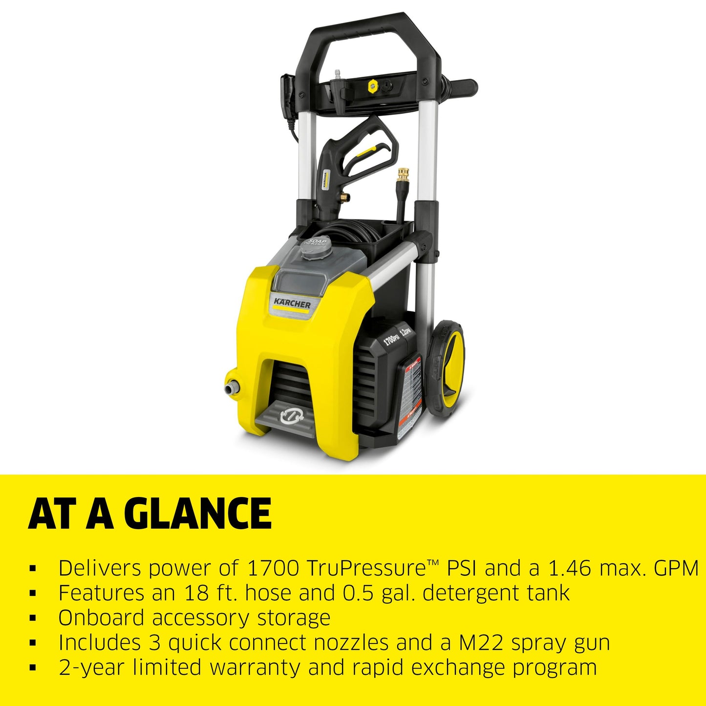 Kärcher Pressure Washer K1700, CETA Certified, 3 Spray Nozzles, Detergent Tank, for Cars, Driveways, Siding, Patios, 1.2 max. GPM