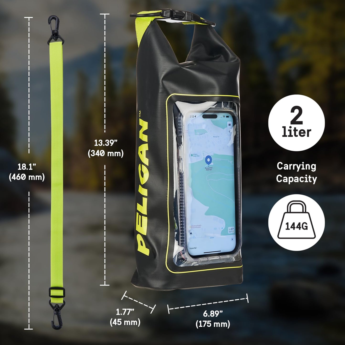 Pelican Marine IP68 Waterproof Dry Bag 2L - Roll Top Waterproof Backpack w/Phone Case/Pouch - Boating & Kayak Accessories - Essentials for Camping Swimming Beach Fishing Rafting Travel - Black/Yellow