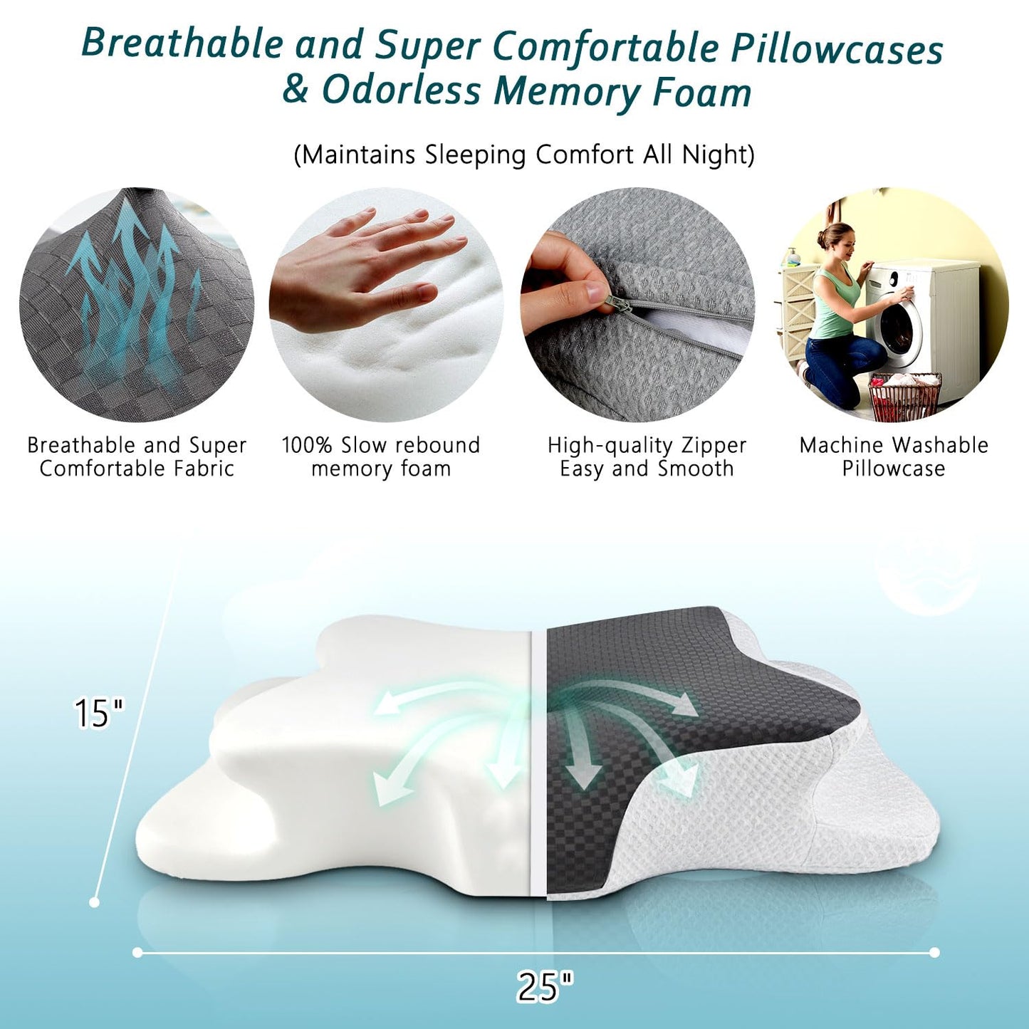 CHxxy Cervical Neck Pillow for Pain Relief Sleeping, Memory Foam Pillows, Ergonomic Side Sleeper Pillows, Cooling Orthopedic Neck Support Pillow for Back Stomach Sleepers-Queen Size Grey&White