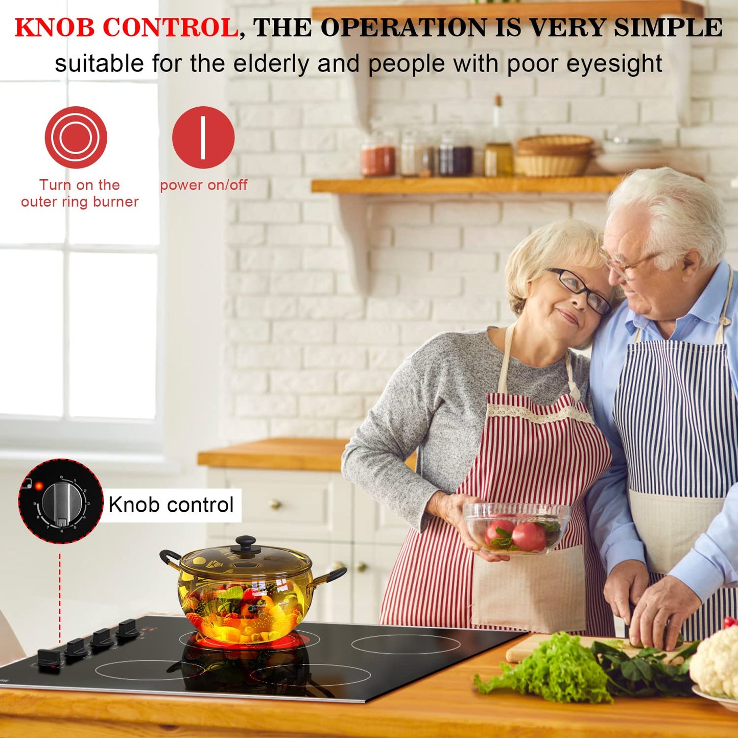 Karinear 30 Inch Electric Cooktop 4 Burners, Knob Control Built-in Ceramic Cooktop, 30" Radiant Electric Stove Top with Glass Protection Metal Frame,Hot Surface Indicator, 220-240v, Hard Wire, No Plug
