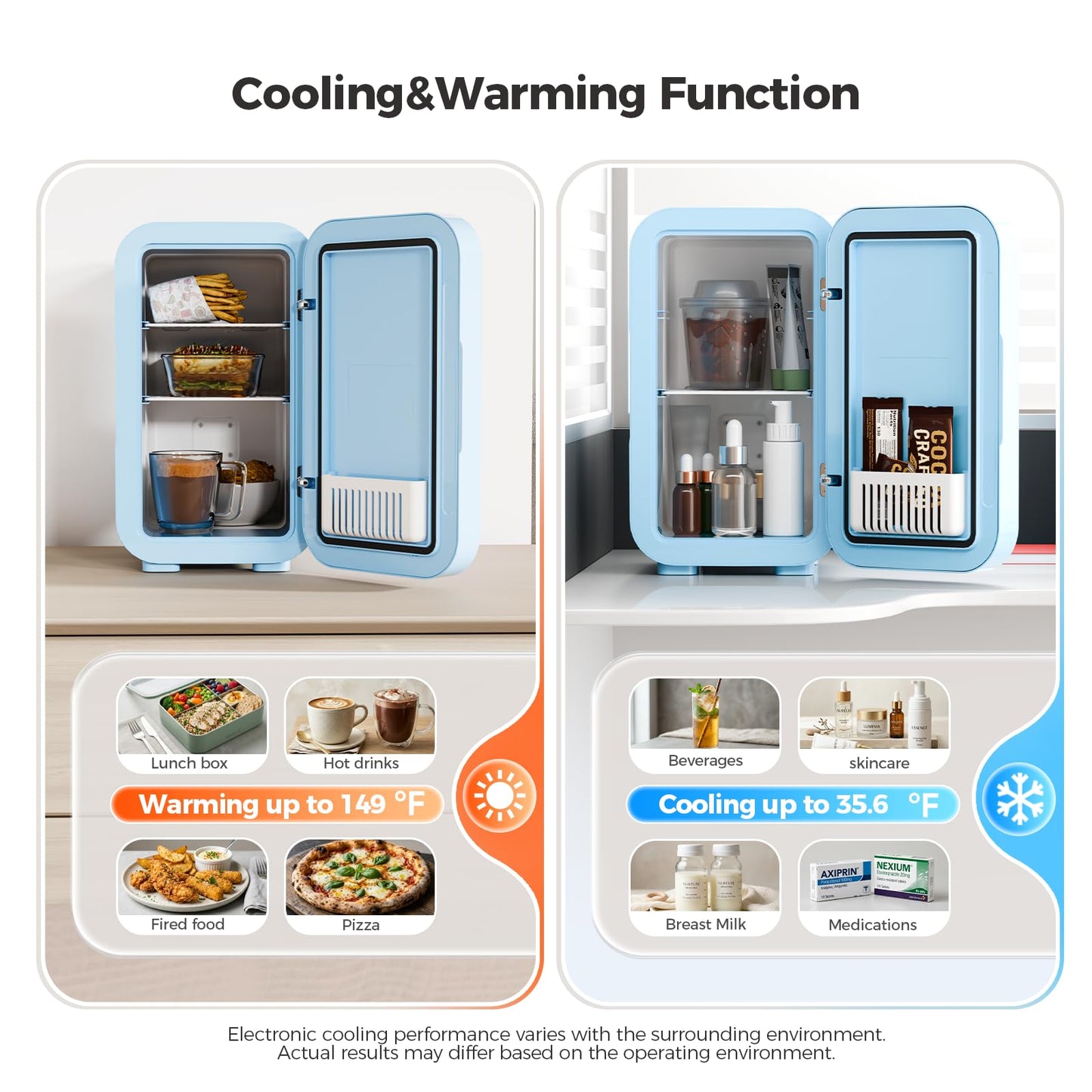 YASHE Mini Fridge, 6 Liter/8 Can 110V AC/DC Portable Thermoelectric Cooler Refrigerators for Bedroom, Skincare, Beverage, Office, Dorm Room and Car, Blue