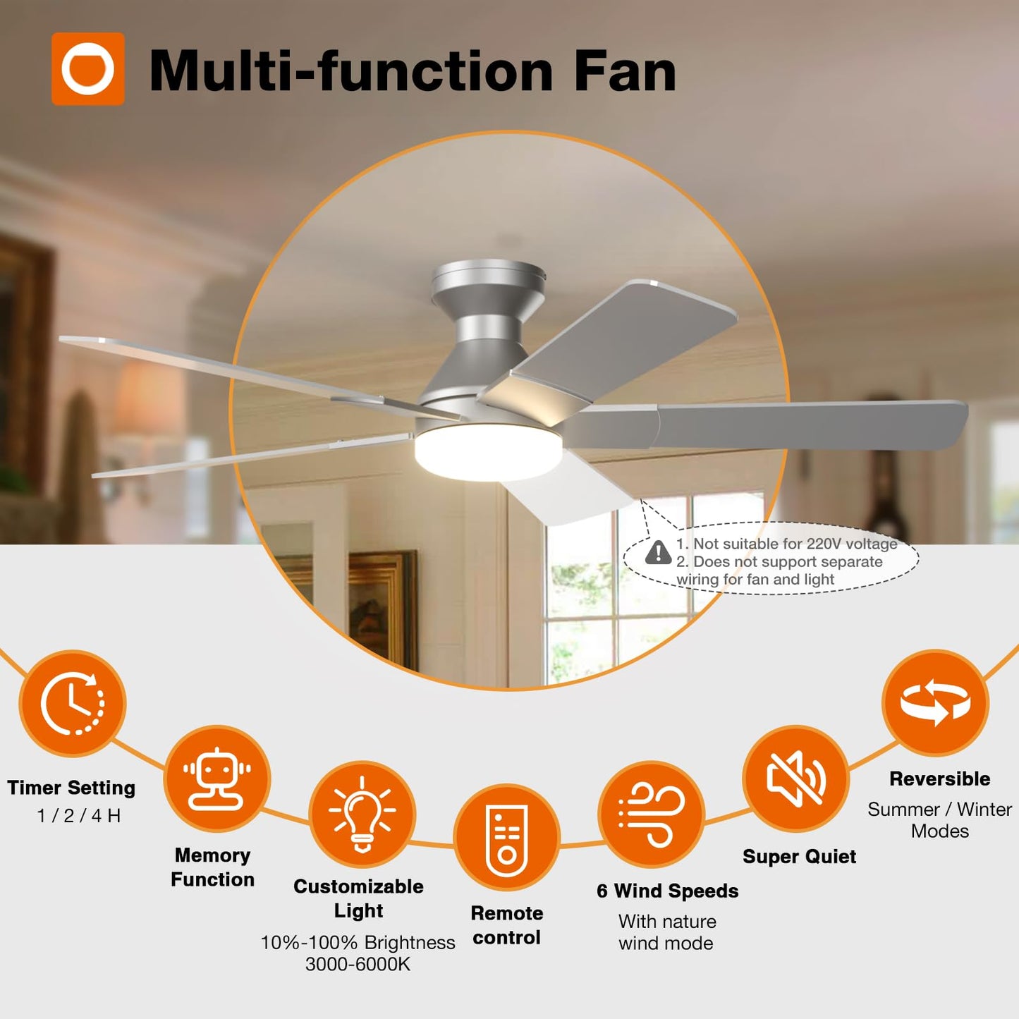 addlon Ceiling Fans with Lights, 52 Inch Low Profile Ceiling Fan with Light and Remote Control, Flush Mount, Reversible, 3CCT, Dimmable, Quiet, Silver Ceiling Fan for Bedroom Indoor/Outdoor Use