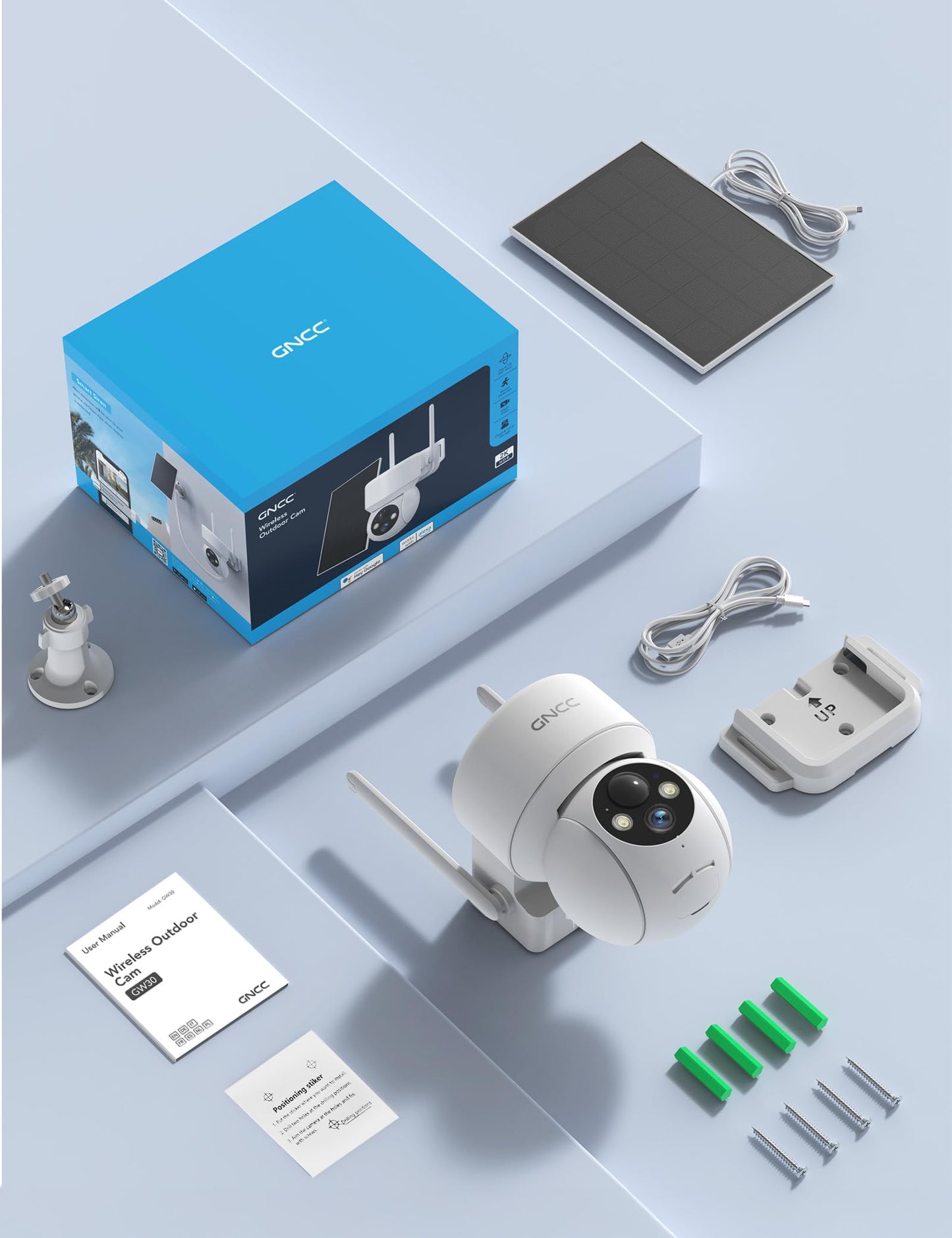 GNCC Solar Security Cameras Wireless Outdoor 2.4G WiFi, 360° View, Solar/Battery Powered, AI Human Detection, Color Night Vision, 2-Way Audio, Spotlight Siren Alarm, IP65 Waterproof, SD/Cloud Storage