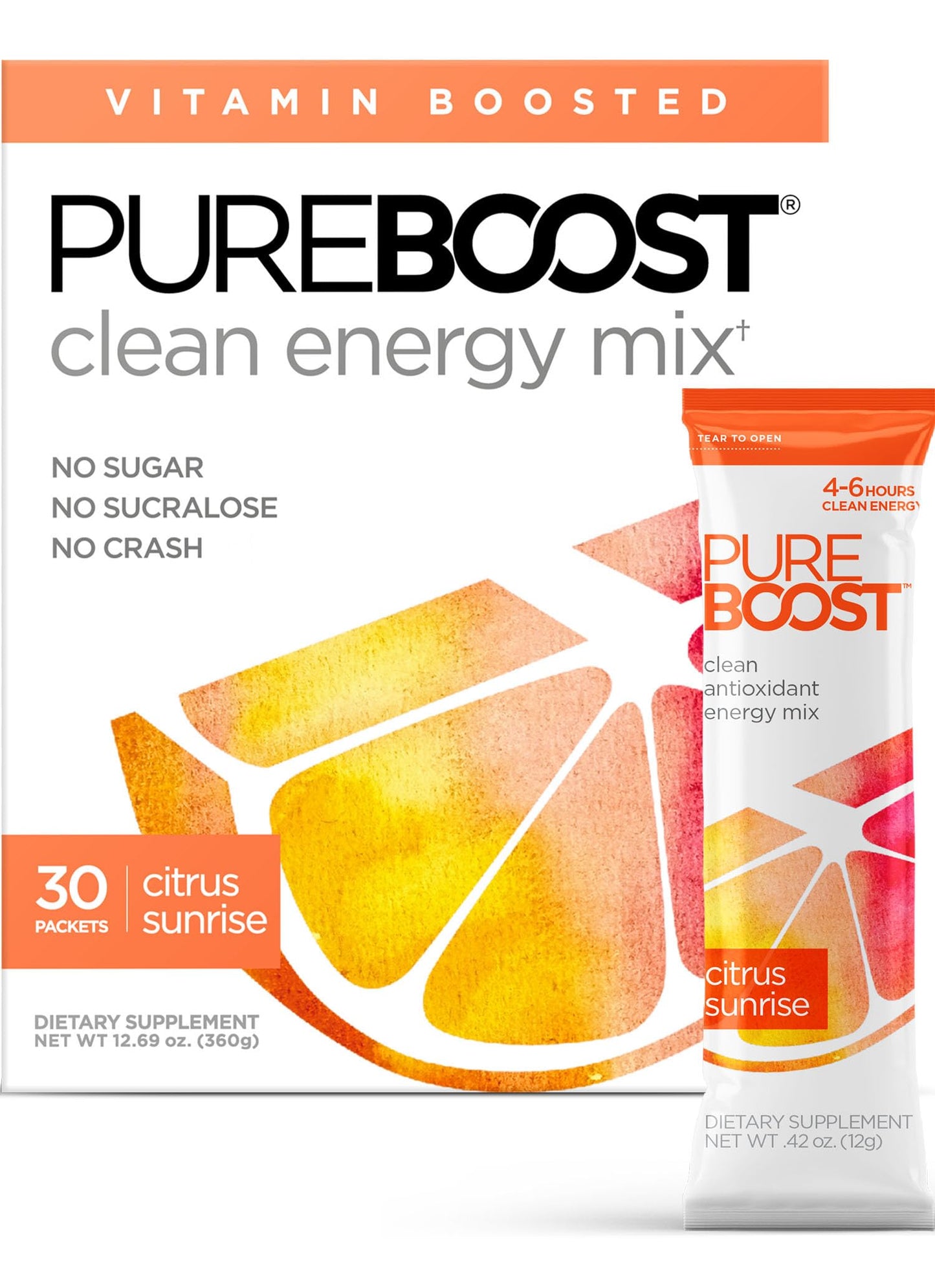 Pureboost Sugar-Free Clean Energy Booster, Citrus Sunrise 30 Count, Refreshing Energy Drink Mix with B12 Vitamins, Electrolytes, Antioxidants, with No Sucralose