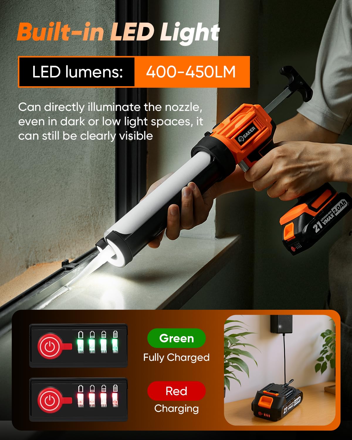 Saker Electric Caulking Gun Cordless Caulk Gun Drip-free with Caulking Tools 4 Adjustable Speeds with LED Light 10oz/300ml for Kitchen Bathroom Filling, Sealing 2 Batteries