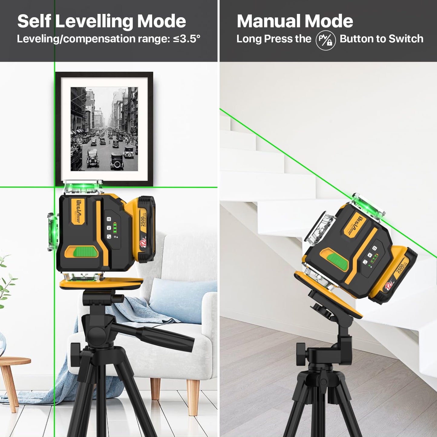 Laser Level 360 Self Leveling with Tripod,DEGLASERS 4x360 Green Laser Level with 12V Rechargeable 2Pcs Battery(40 Hrs),Remote Control, for Picture Hanging, Tile, Construction, Indoor