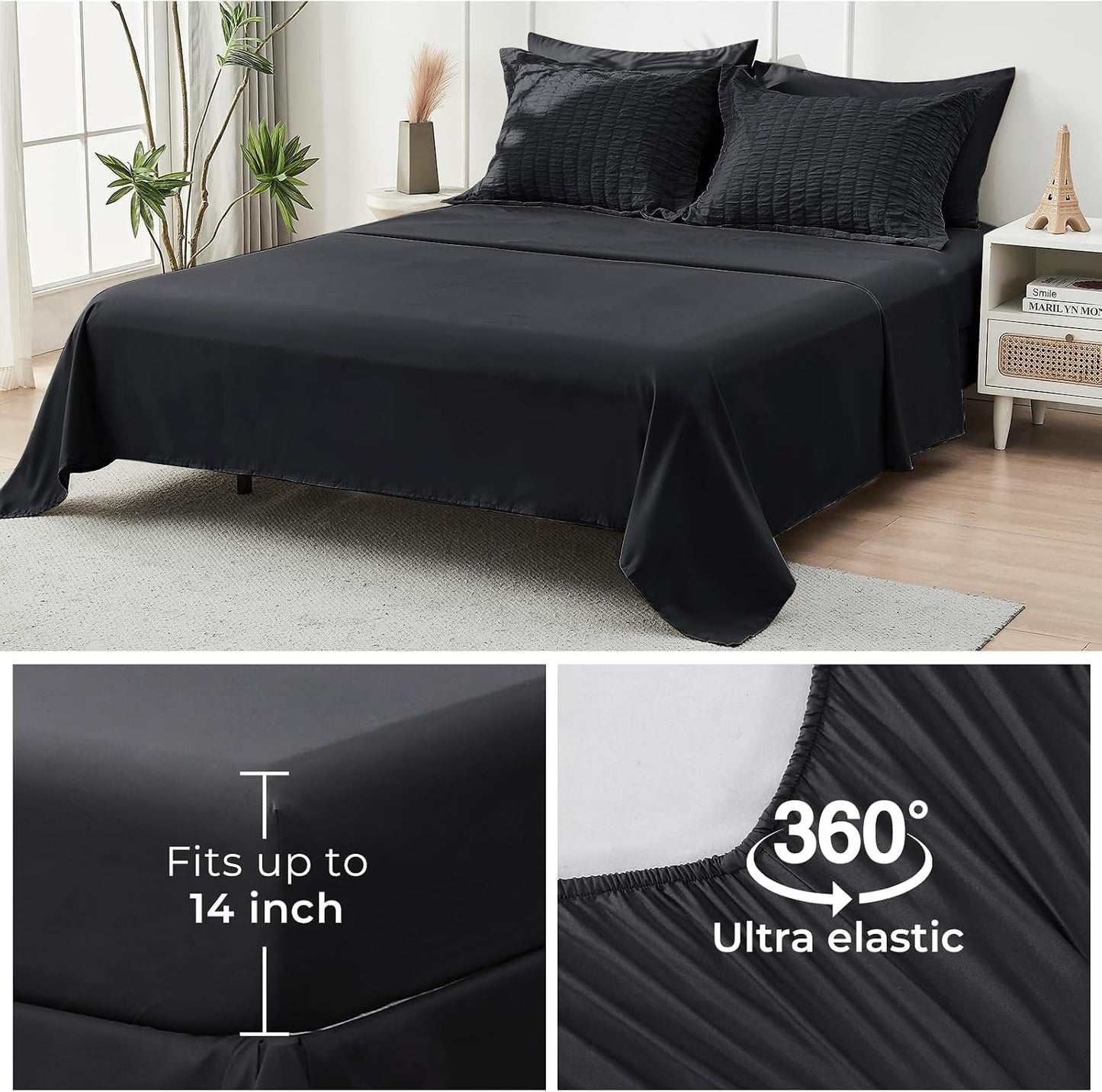 HYMOKEGE Black California King Comforter Set Seersucker 7 Pieces, All Season Luxury Bed in a Bag for Bedroom, Bedding Set with Comforters, Sheets, Pillowcases & Shams