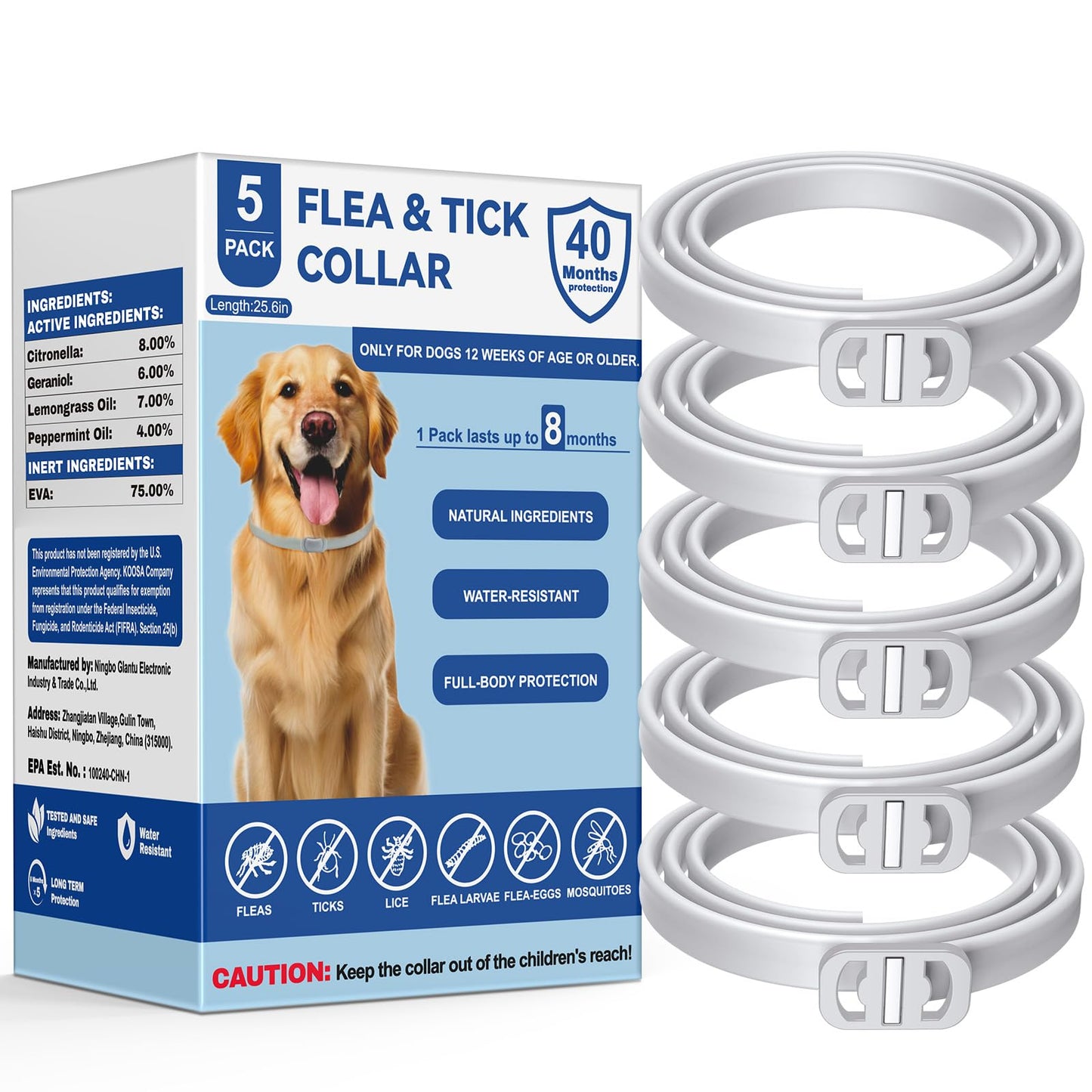 KOOSA Flea and Tick Collar for Dogs, 5 Packs Flea Collar for Dogs with Natural Essential Oils, Waterproof & Adjustable Flea and Tick Prevention Collar for Small Medium Large Dogs & Puppies, Grey