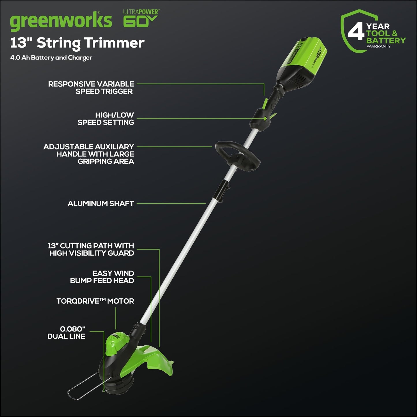 Greenworks 60V Cordless Yard Tool Combo Kit with 4.0Ah Battery & Charger – 13" Dual-Line String Trimmer and 540 CFM Leaf Blower