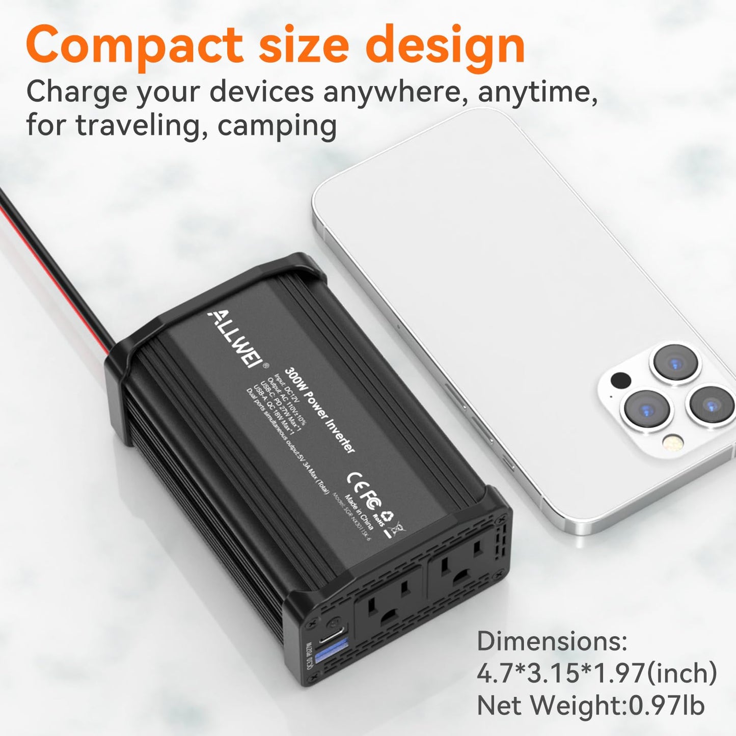 ALLWEI 300W Power Inverter 12V DC to 110V AC Car Plug Adapter Outlet Converter with 27W PD USB-C &18W USB-A Fast Charger, Car Cigarette Lighter Adapter for Phone, Laptop on Road Trip-Black