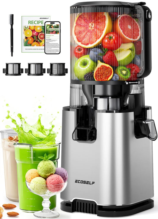 ECOSELF 3-in-1 Juicer with 3 Filters (For Juice/Sorbet/Nut Milk), With 6.0" Extra-Large Mouth Feed Chute for Whole Vegetables & Fruits, Juicer Machines With Large Capacity & Easy to Clean, With Brush