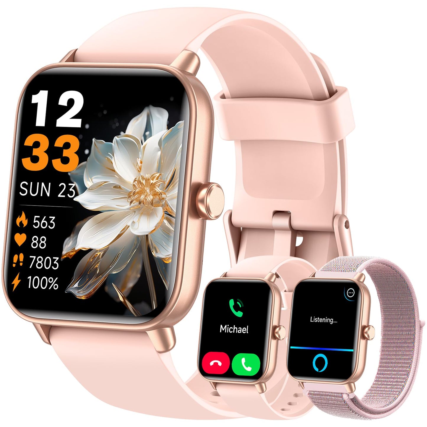 Hingso Smart Watch for Women Men, 1.85" Fitness Tracker for Android/iPhone | Bluetooth Call & Text Alert, Alexa Built-in, 24/7 Heart Rate/SpO2/Sleep/Cycles Monitor, 120+ Sports, IP68 Waterproof, 2 Bands