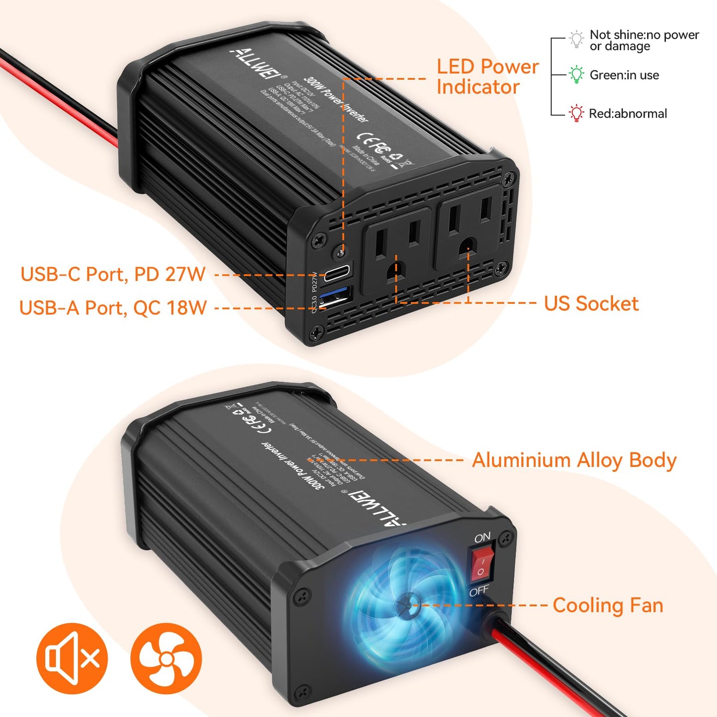 ALLWEI 300W Power Inverter 12V DC to 110V AC Car Plug Adapter Outlet Converter with 27W PD USB-C &18W USB-A Fast Charger, Car Cigarette Lighter Adapter for Phone, Laptop on Road Trip-Black