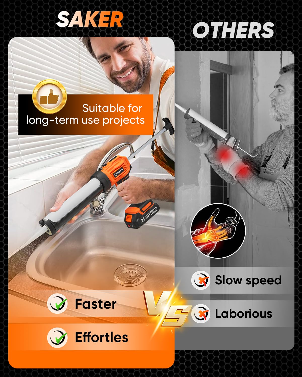 Saker Electric Caulking Gun Cordless Caulk Gun Drip-free with Caulking Tools 4 Adjustable Speeds with LED Light 10oz/300ml for Kitchen Bathroom Filling, Sealing 2 Batteries