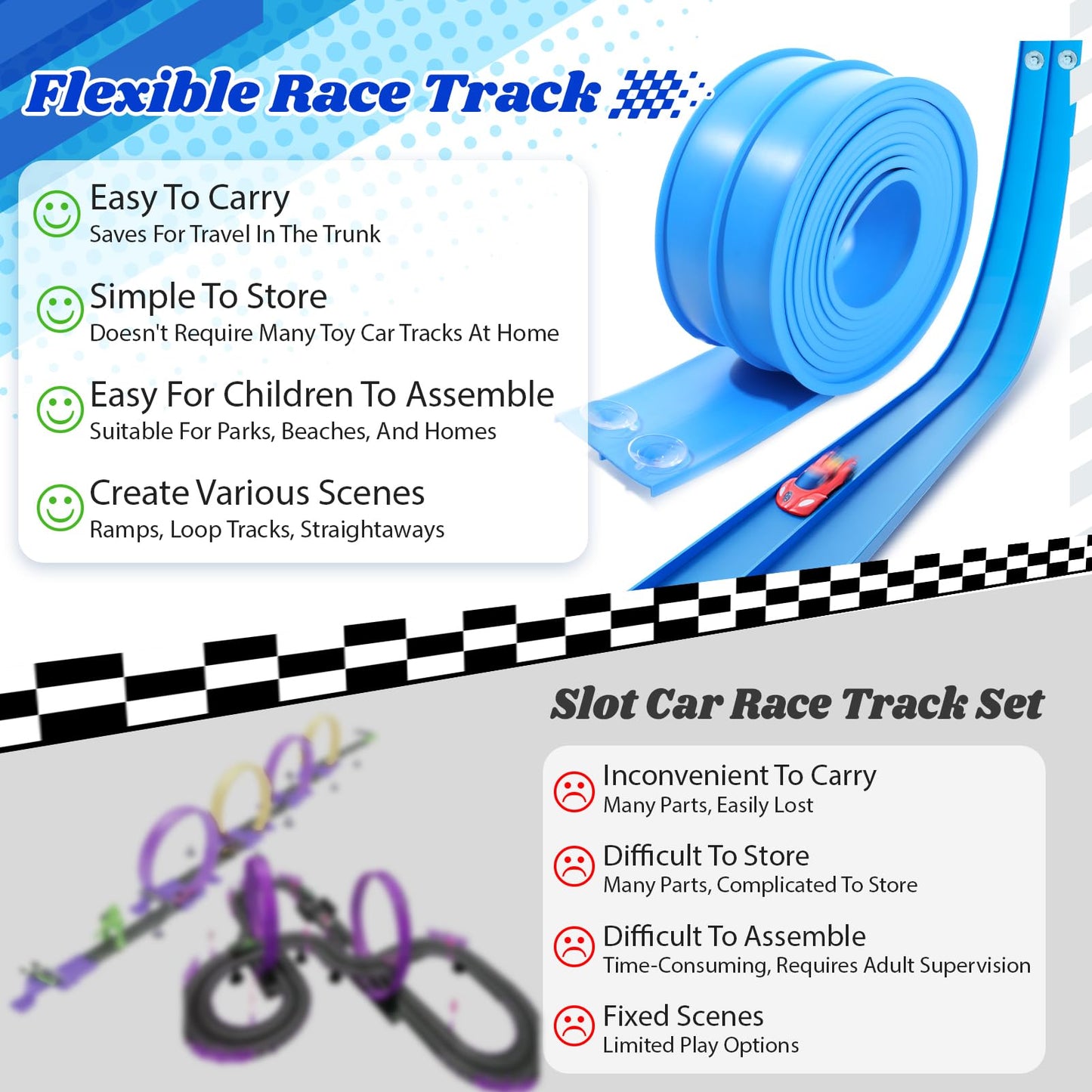 Flexible Race Track Toys for Kids: 15 Ft Flex Race Car Ramp Track with Suction Cups - Rolls Up Portable DIY Racetrack Compatible with Diecast 1/64th Cars Model - Birthday Gifts for Boys Girls Ages 3+