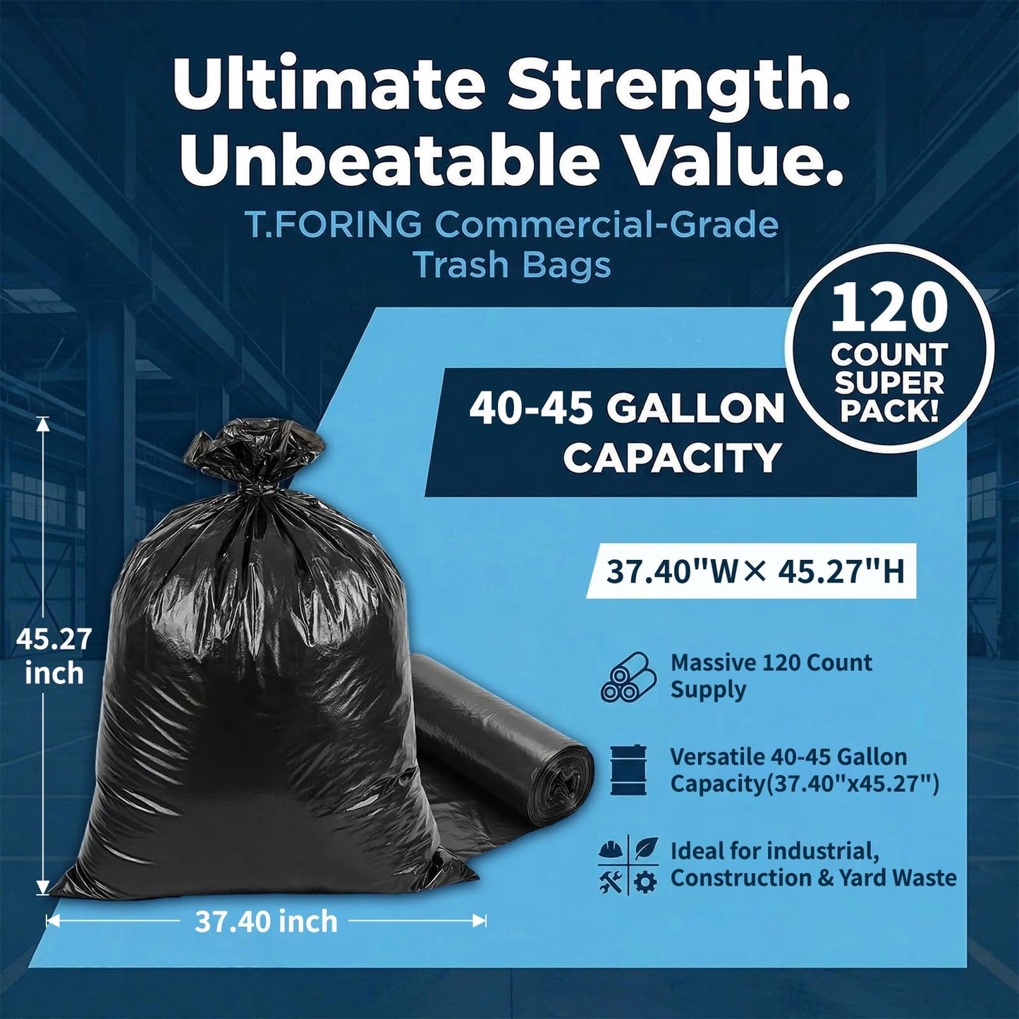T.FORING 40-45 Gallon Black Trash Bags 120 Count - 37''x45'' Large Garbage Bags Unscented, 40+ Gallon Trash Can Liners, Multipurpose for Office, Outdoor, Recycling and Commercial