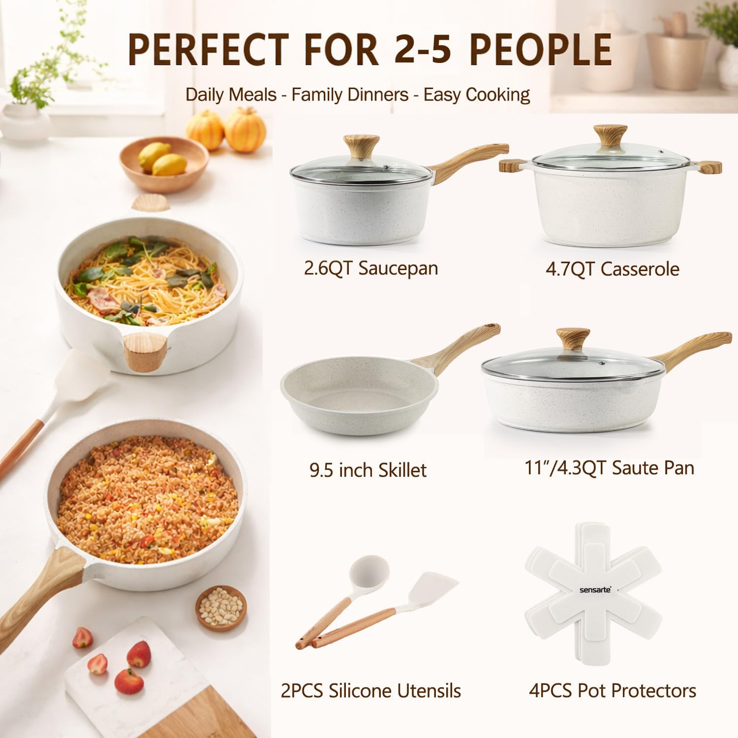 SENSARTE Nonstick Ceramic Cookware Set, 13-Piece Non-toxic Pots and Pans Set, Healthy Kitchen Cooking Set with Stay-Cool Handles, Silicone Tools and Pot Protectors, PFAS Free