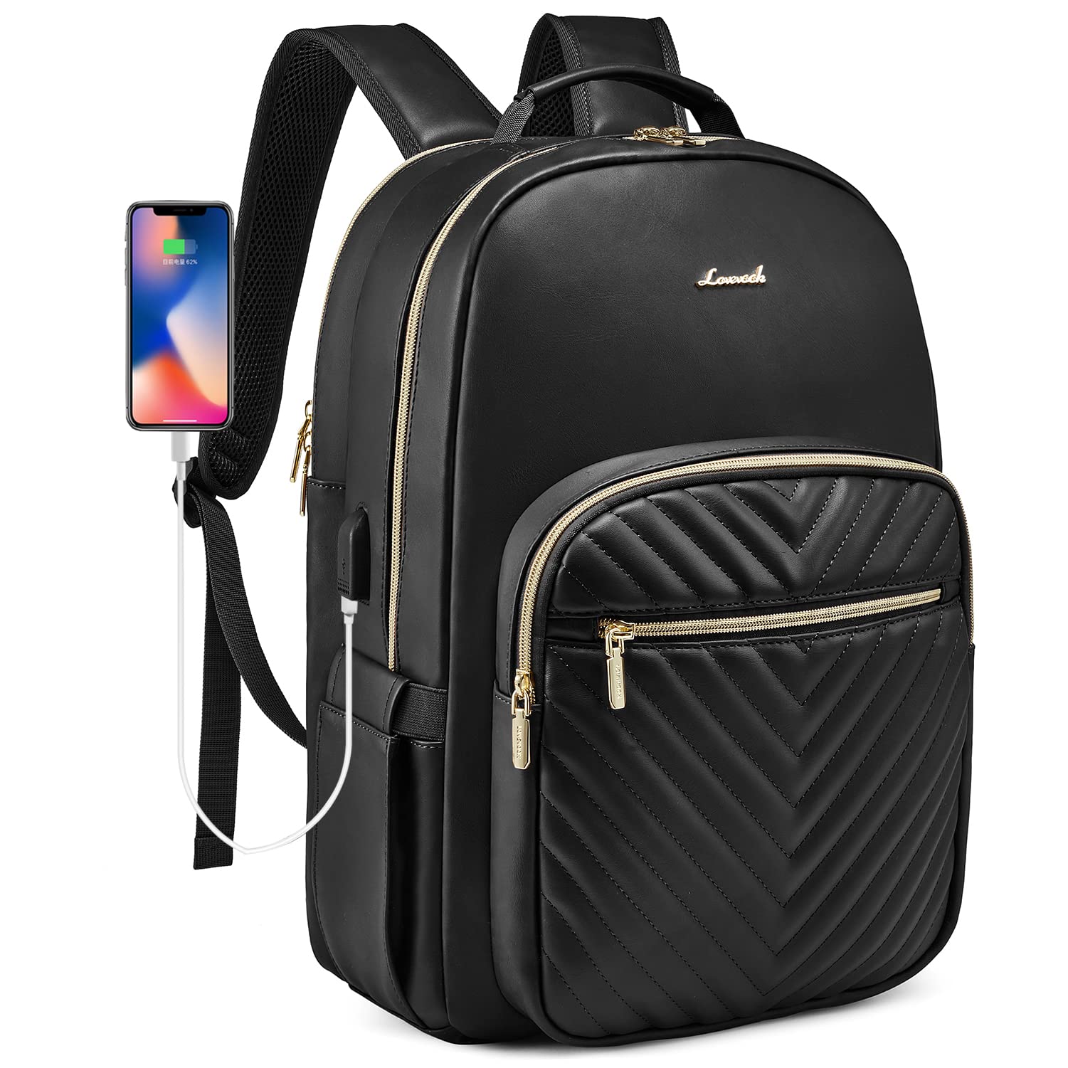 LOVEVOOK Laptop Backpack Purse for Women, Work Travel Computer Bags, College School Backpack for Student Girl, Quilted Casual Daypack with USB Port, Fit 15.6 Inch Laptop, Beige White