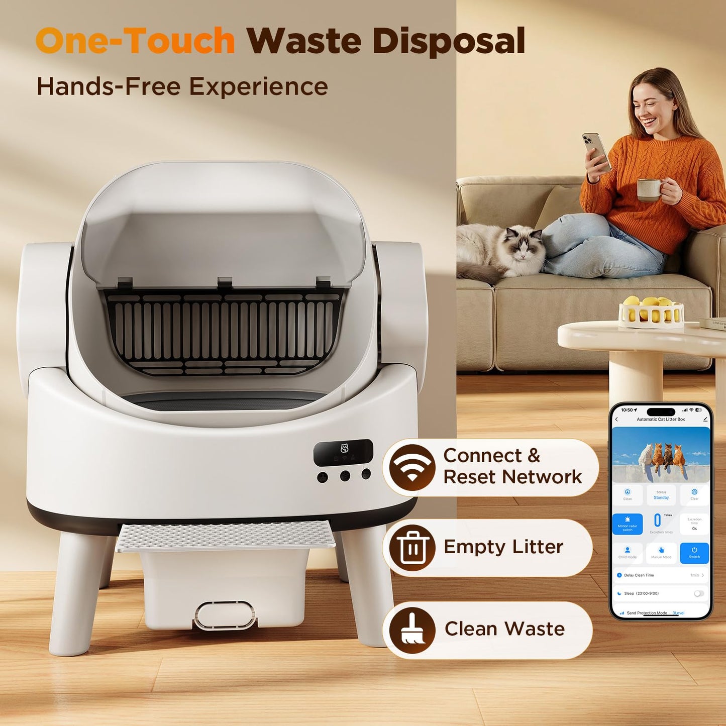 Linvivon Self Cleaning Cat Litter Box for Multiple Cats, Open-Top Automatic Litter Box, App Control, Safety Sensors, Hands-Free Large Capacity 10L Waste Bin, Ultra-Quiet