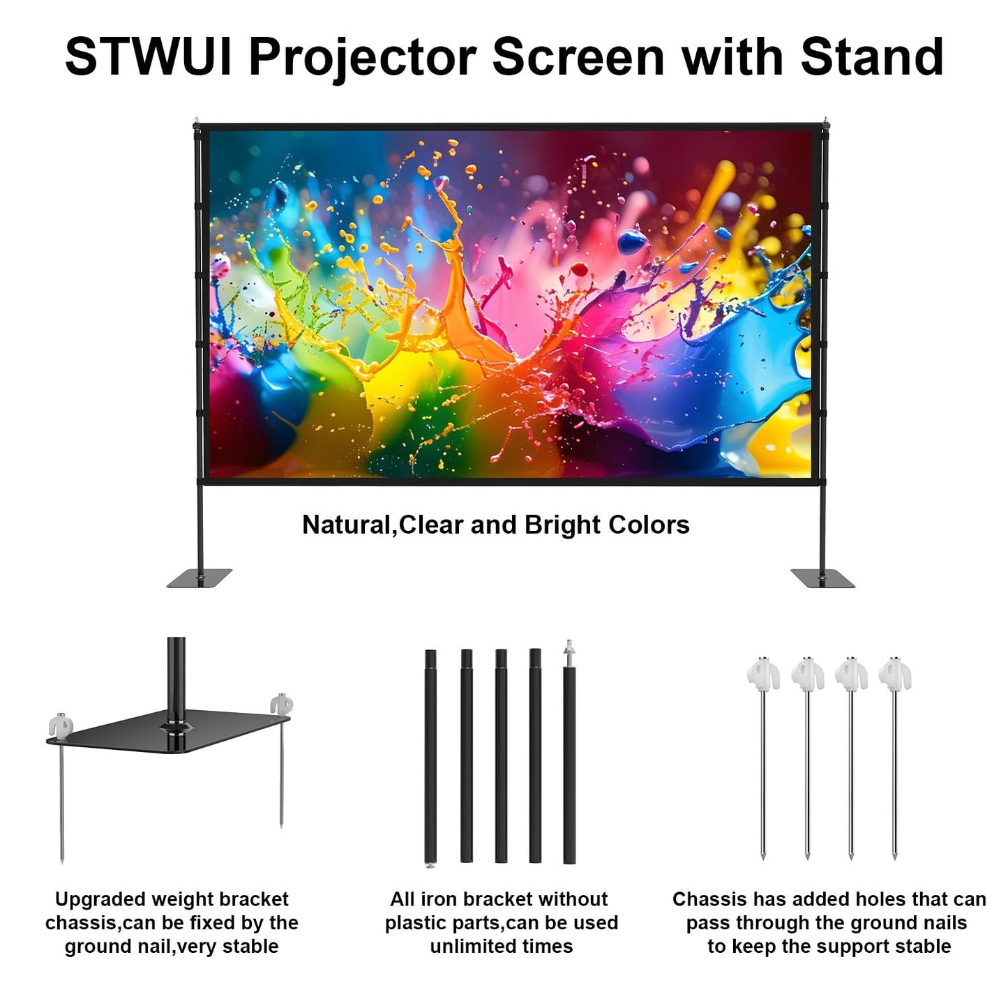 STWUI Outdoor-Projector-Screen-with-Stand - 120 inch Portable Projection Screen Indoor Outdoor Projector Screens 16:9 4K HD Lightweight Movie Screen with Carry Bag for Backyard Movie Night 1pcs