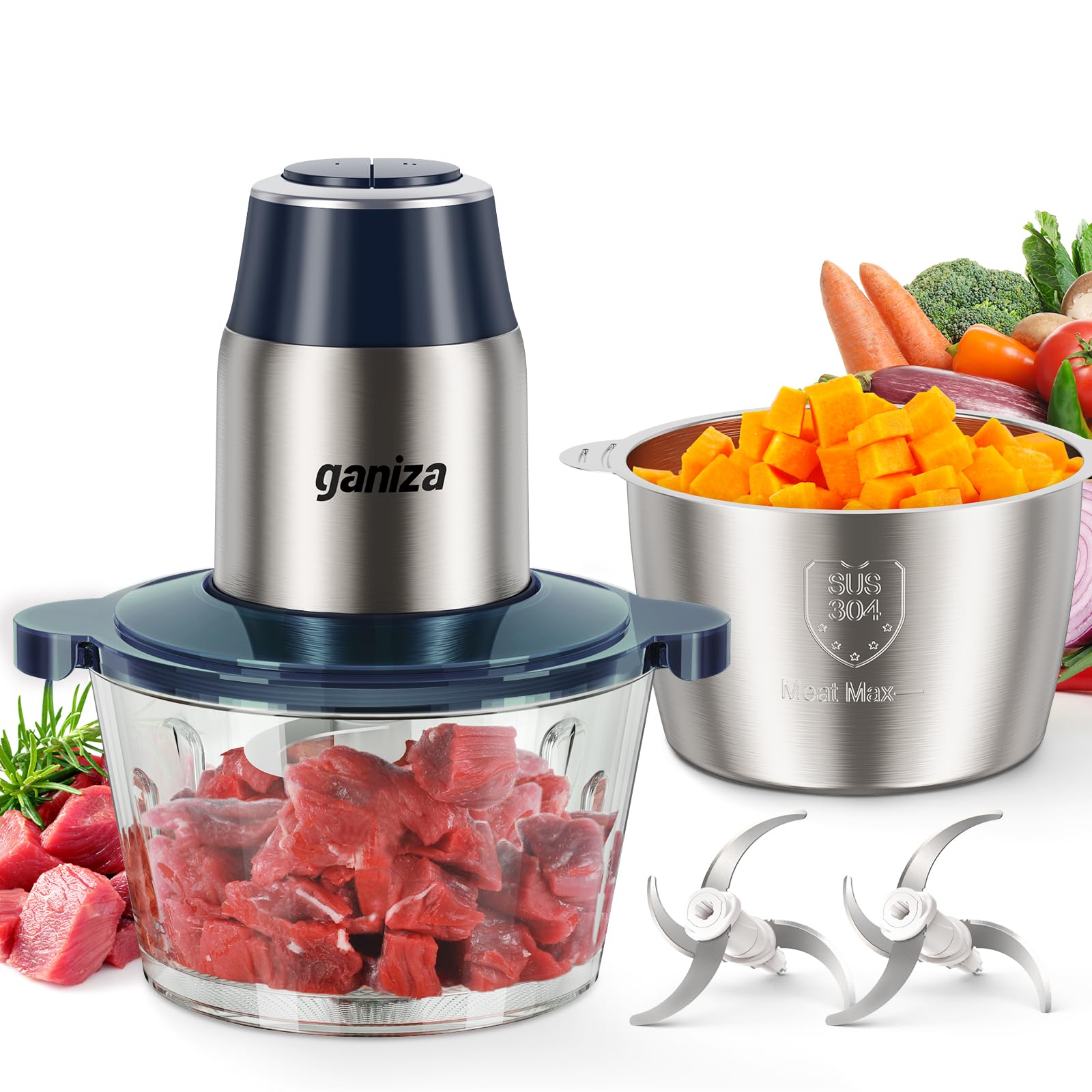 Ganiza Food Processors with 2 Bowls, 450W Meat Grinder Vegetable Chopper | 2-Speed Electric Food Chopper with 8 Cup Glass & 8 Cup Stainless Steel Bowls -Includes 2 Sets of Blades for Fruits/Meat/Nuts