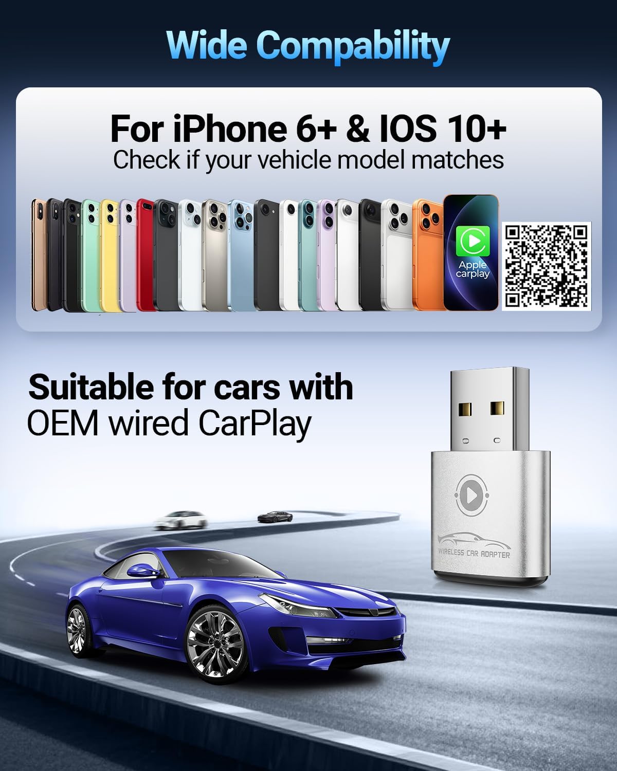 Wireless CarPlay Adapter for Apple iPhone（2026 Upgraded） Mini Design, Converts Factory Wired to Wireless Adapter for CarPlay, Plug and Play, Auto Connect Fast and Stable (Silver)