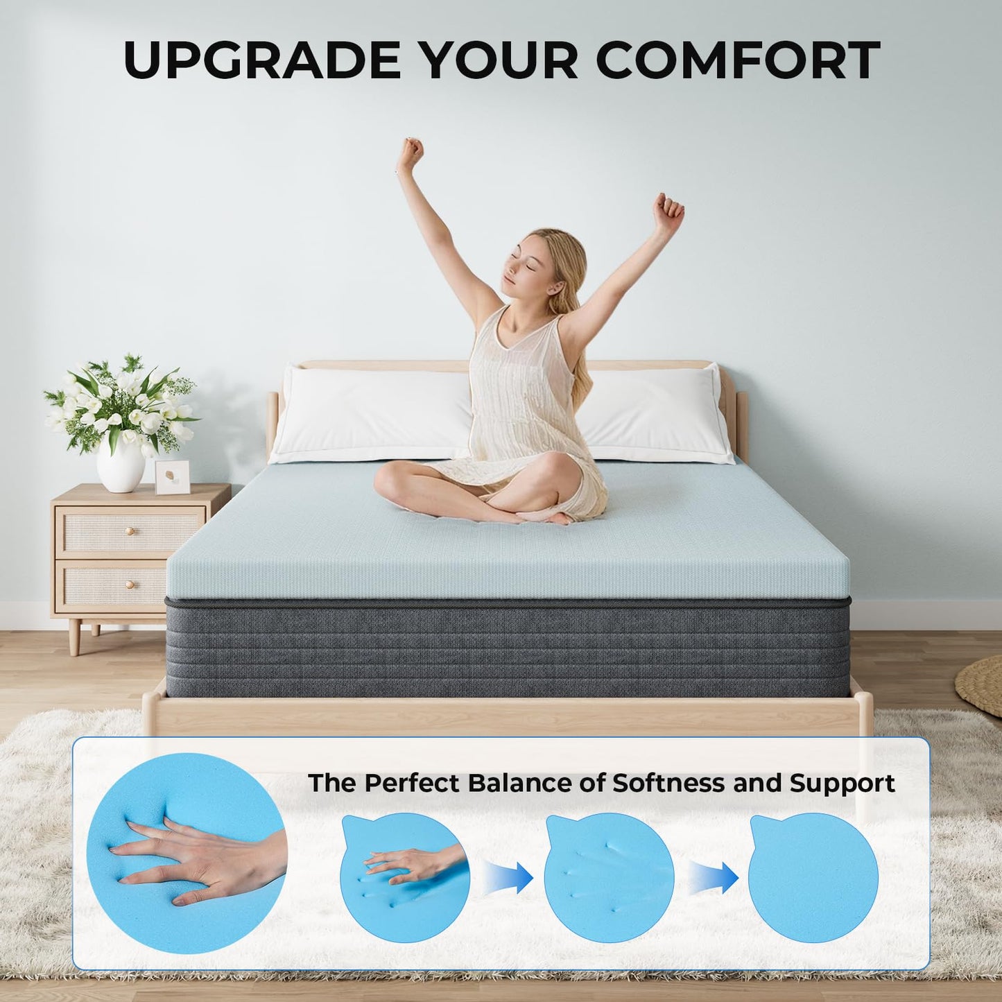 OhGeni 2 Inch Queen Memory Foam Mattress Topper Pad with Cover, Soft Bed Cover with Anti-Slip Base, Enhanced with Cooling Gel，Premium Comfort for Sleep & Back Pain Relief, Removable & Washable
