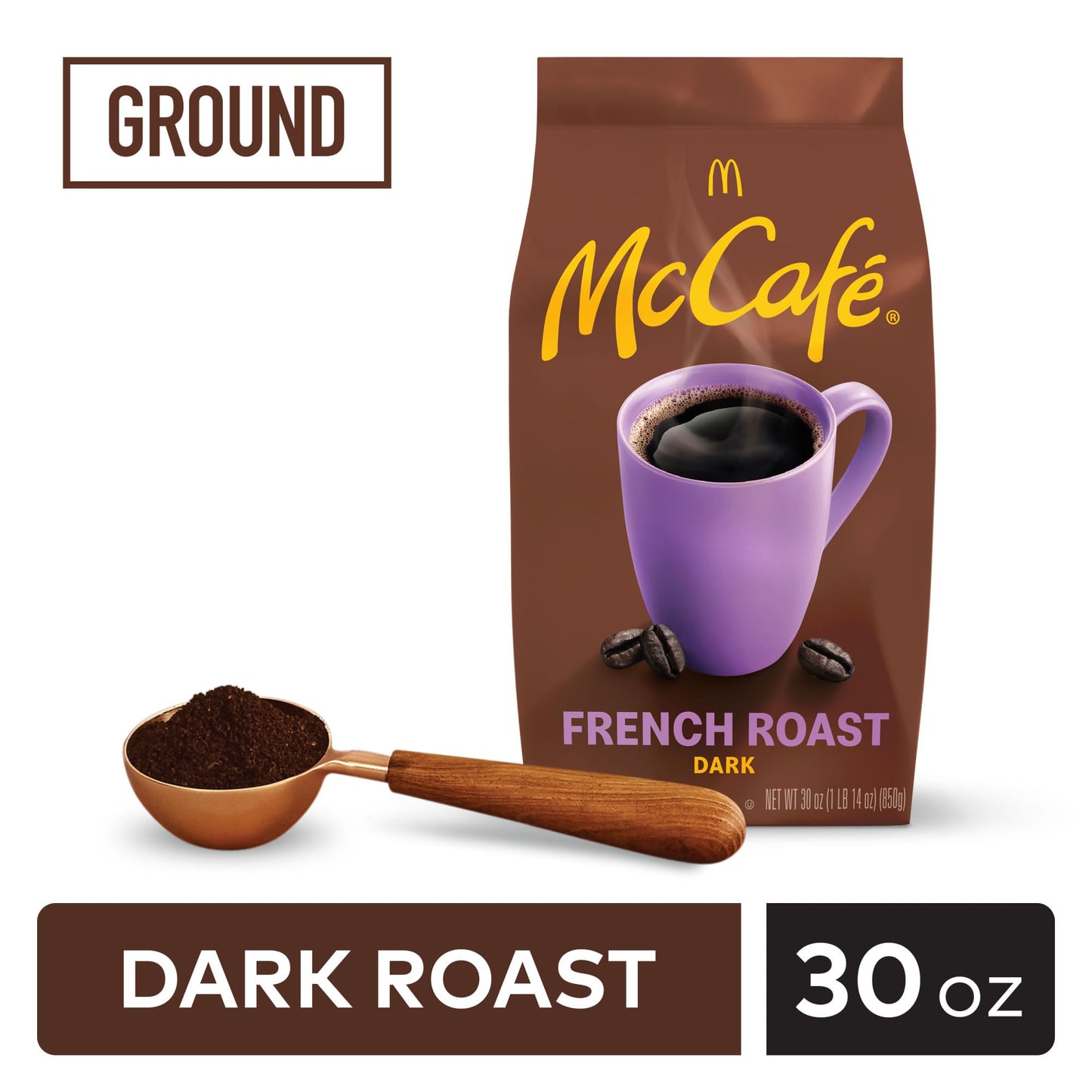 McCafe French Roast, Ground Coffee, Dark Roast, Dark Cocoa Flavor Hints, Premium Quality, Responsibly Sourced, Kosher Certified, 30oz. Bag