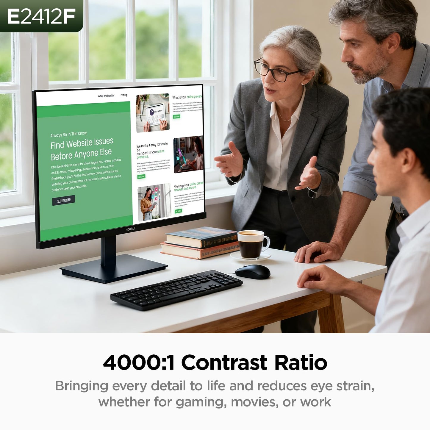 KOORUI 24-inch Computer Monitor Full HD 1920 x 1080p 100Hz VA Display 4000:1 Contrast Ratio with HDMI VGA, TÜV Rheinland Certified, 100 x 100 mm VESA Mountable, Ultra-Slim Design, Tilt, Black, E2412F