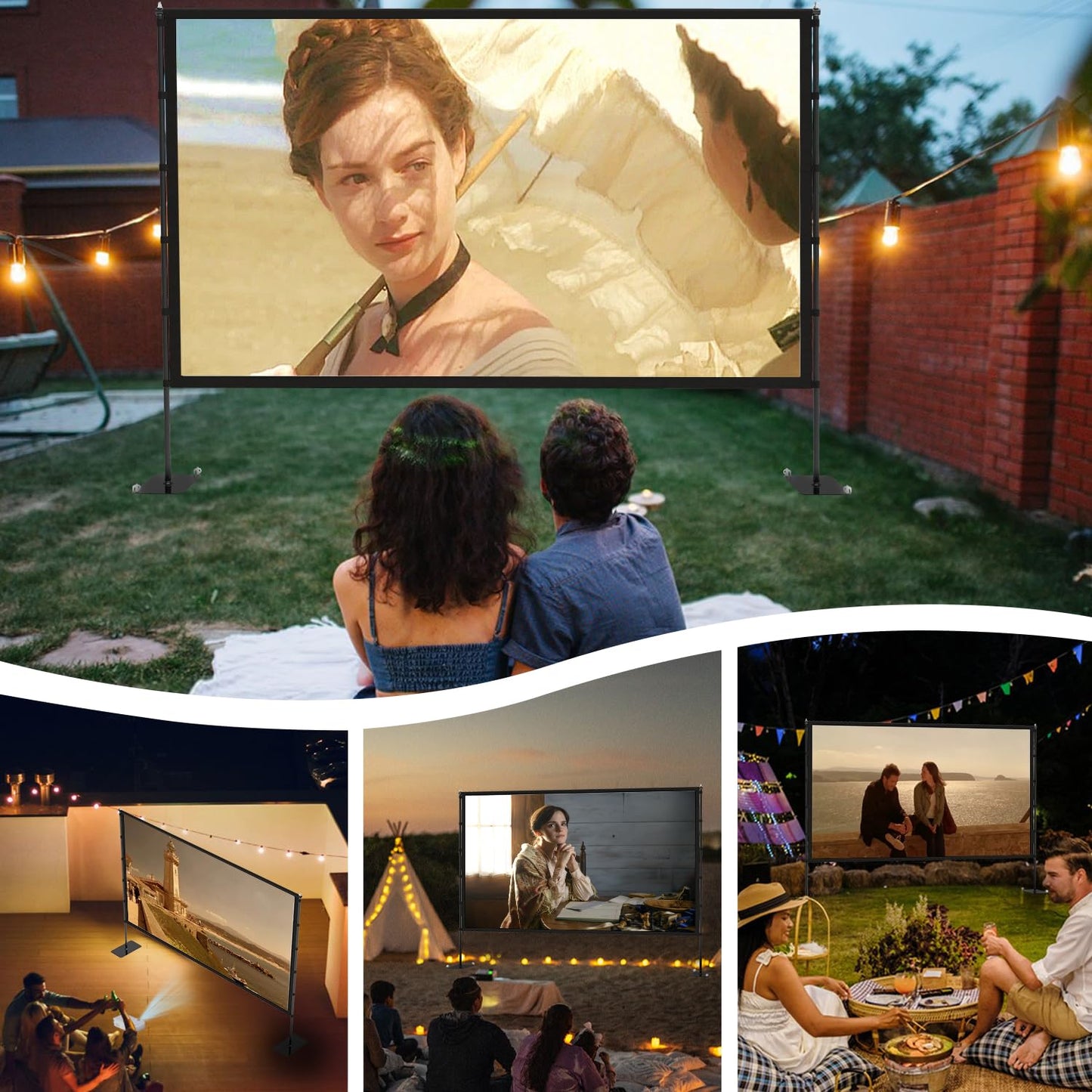 STWUI Outdoor-Projector-Screen-with-Stand - 120 inch Portable Projection Screen Indoor Outdoor Projector Screens 16:9 4K HD Lightweight Movie Screen with Carry Bag for Backyard Movie Night 1pcs