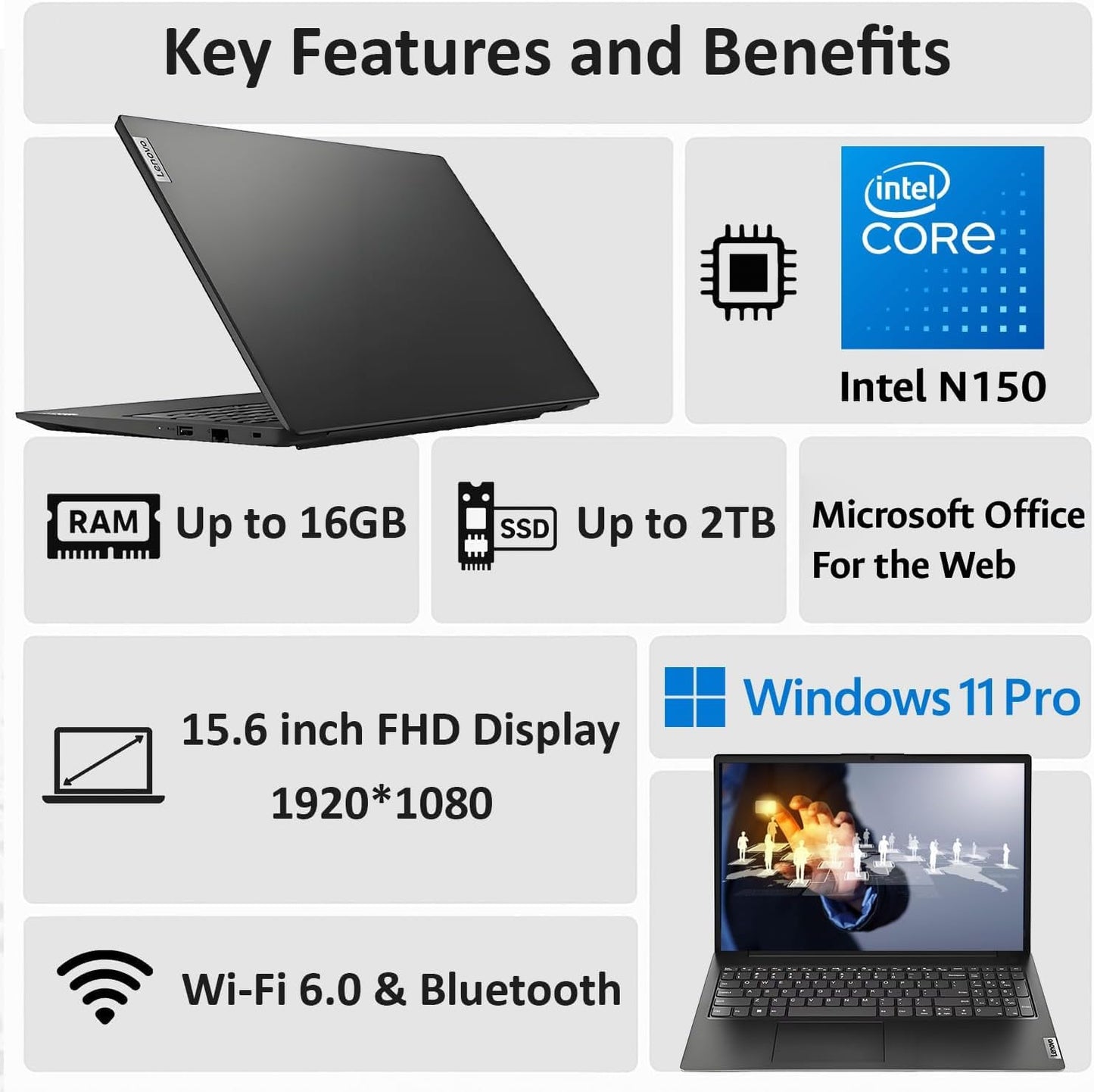 Lenovo 2026 Business Laptop with MS 365 for the Web, Intel Powerful Processor, 8GB DDR5, 628GB PCIE, 15.6" FHD Display, Dolby Audio, RJ-45, 16-Hour Battery Life, Fast Charging Speed, Windows 11 Pro