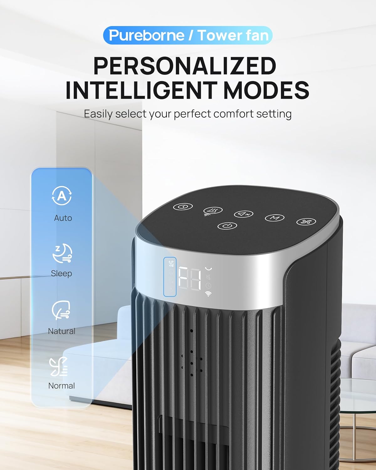 Tower Fan for Home Bedroom, 25dB Ultra-Quiet Sleep Mode, 25ft/s Smart Standing Fans, 90° Oscillating Floor Fan, Works with WiFi Voice Control, 4 Speeds 4 Modes, 12H Timer, 42” Black, 1 Pack