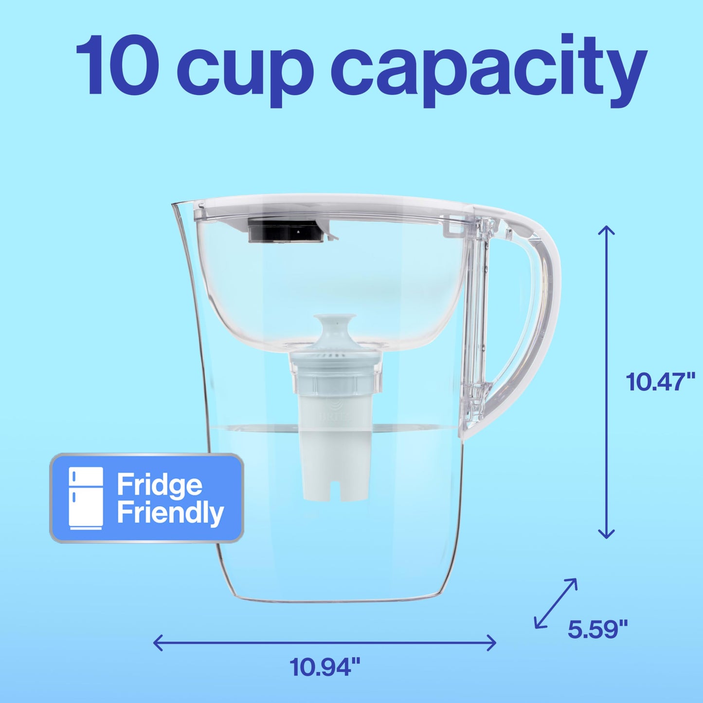 Brita Large 10-Cup Water Filter Pitcher with BritaPlus Filter, WQA NSF/ANSI Certified, Reduces 2X Contaminants vs. Standard, Removes Chlorine Taste & Odor, Reduces Zinc Copper Mercury, Stone Blue