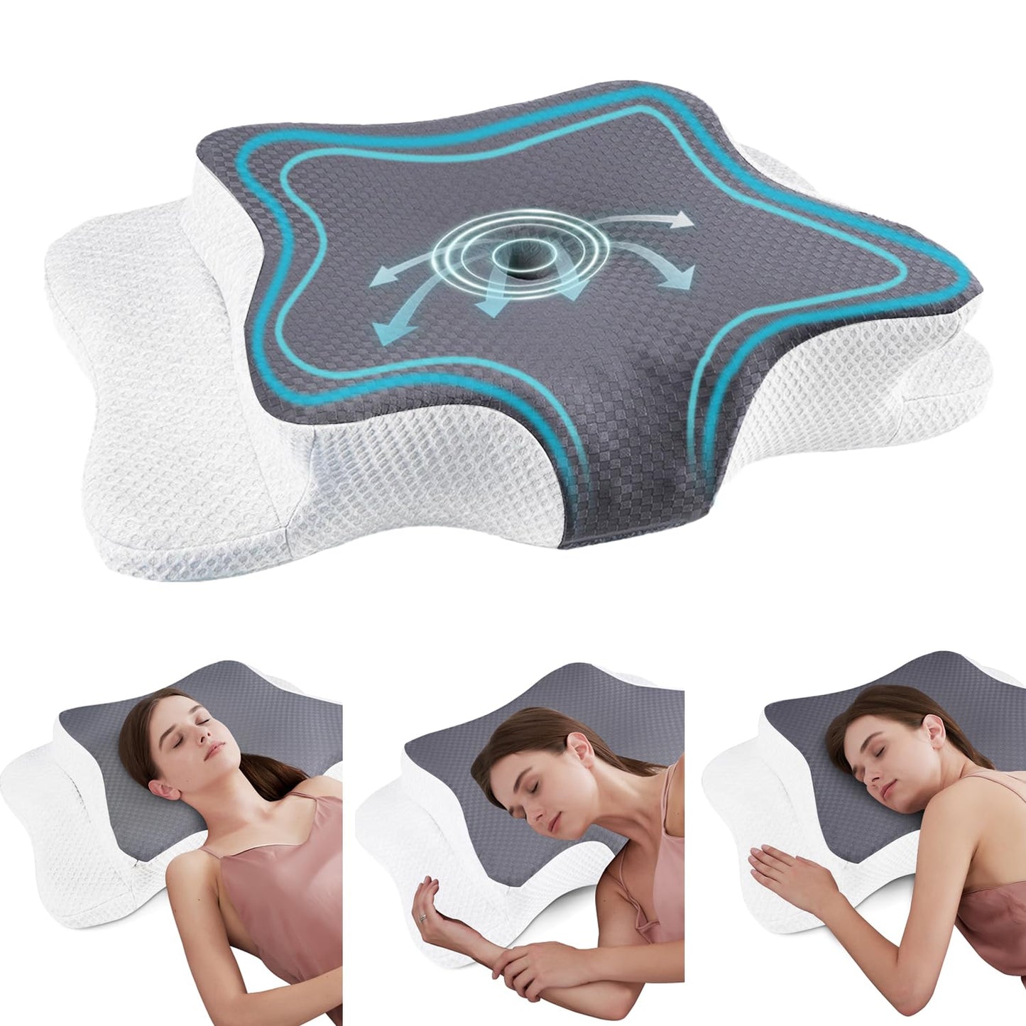 CHxxy Cervical Neck Pillow for Pain Relief Sleeping, Memory Foam Pillows, Ergonomic Side Sleeper Pillows, Cooling Orthopedic Neck Support Pillow for Back Stomach Sleepers-Queen Size Grey&White