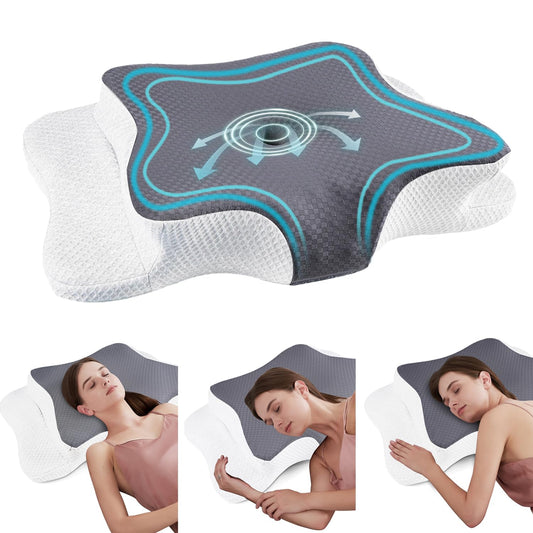 CHxxy Cervical Neck Pillow for Pain Relief Sleeping, Memory Foam Pillows, Ergonomic Side Sleeper Pillows, Cooling Orthopedic Neck Support Pillow for Back Stomach Sleepers-Queen Size Grey&White