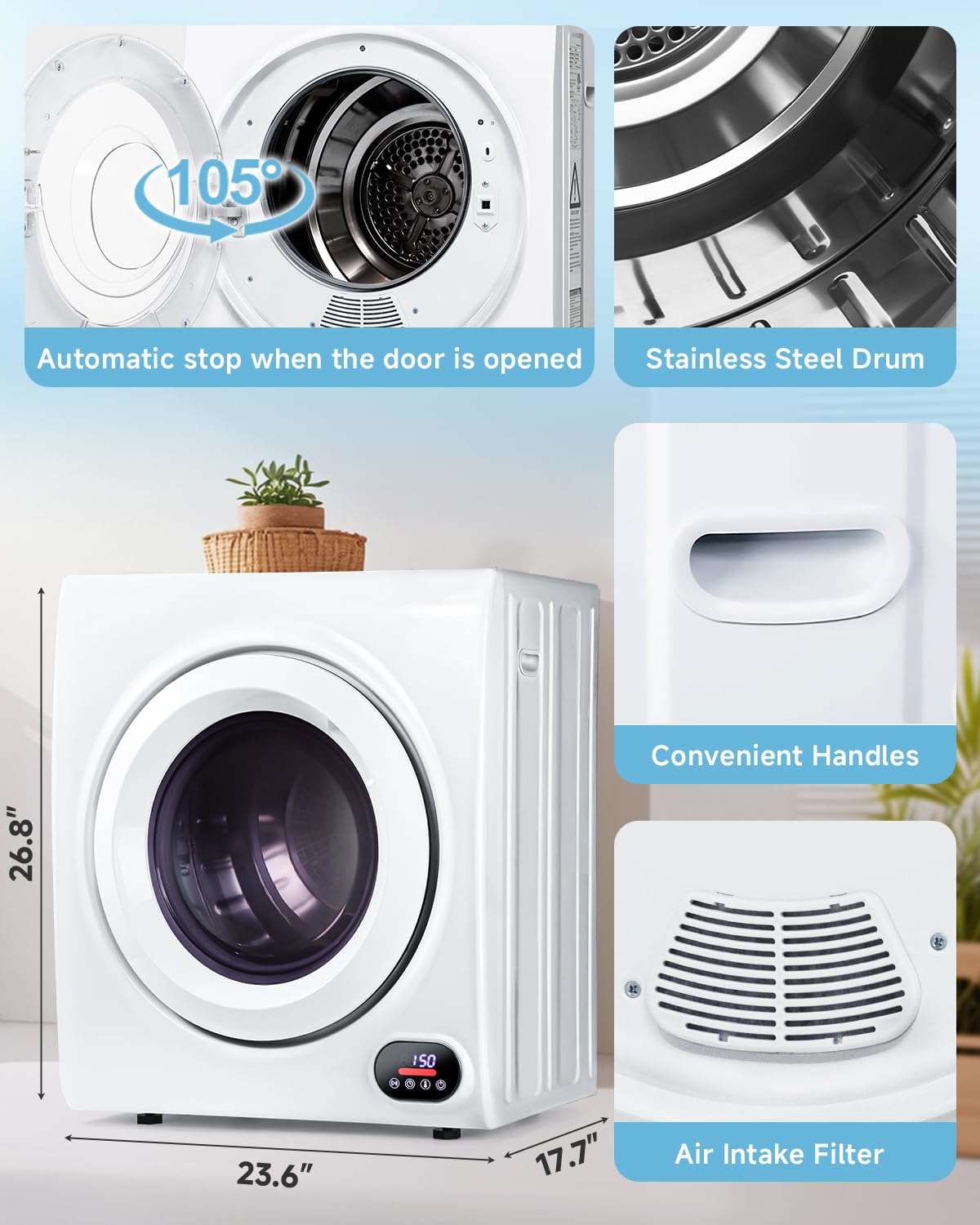 Feelfunn 2.65 Cu.Ft Portable Clothes Dryer - 1400W Clothes Dryer with Stainless Steel Tub, Front Load Tumble, LCD Touch Panel - Compact Drying Unit for Laundry, Apartments, Dorms