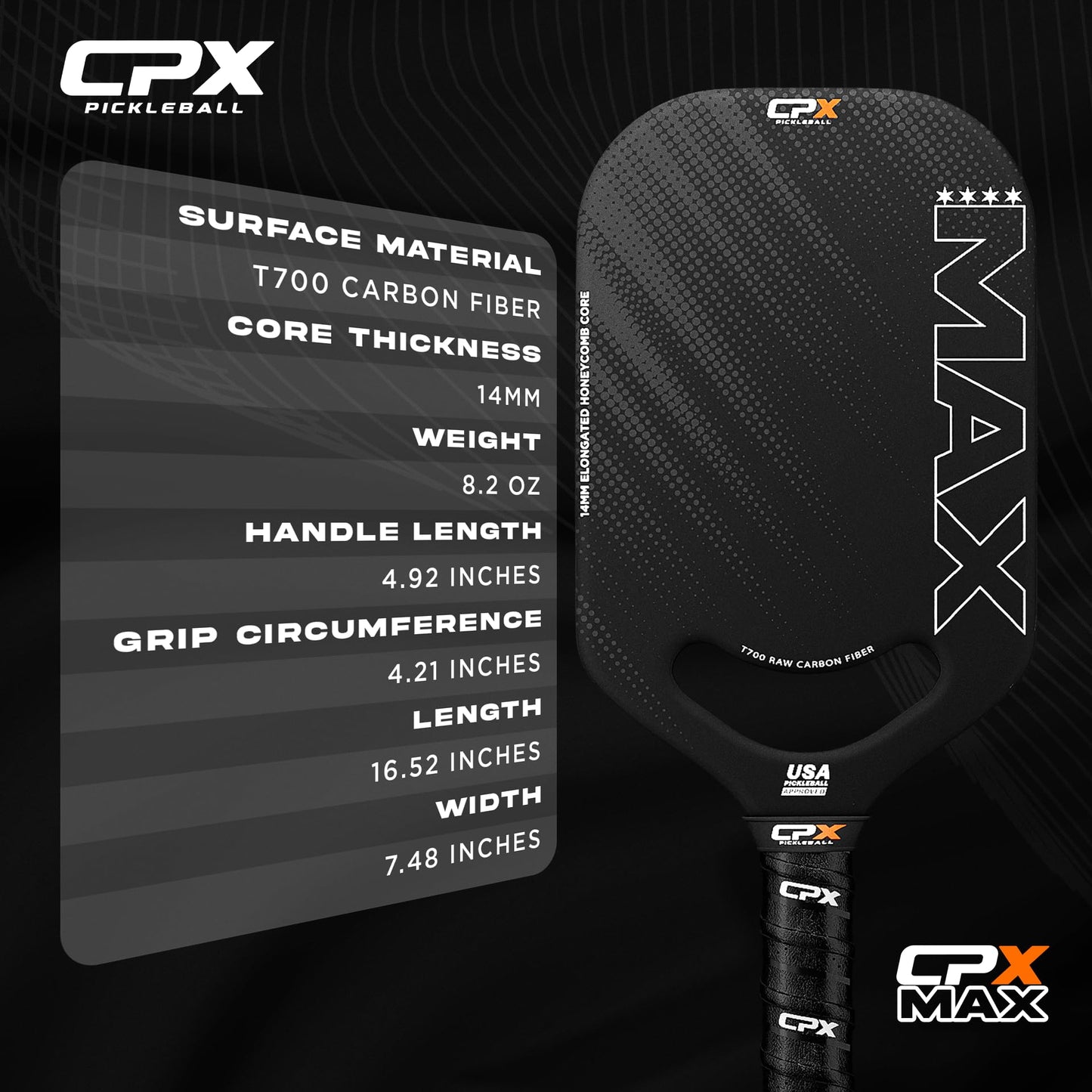 CPX MAX Series Raw Carbon Fiber T700 Pickleball Elongated Paddle Racket - Professional Grade, 14mm Core Thickness, Comfortable Tennis Style Grip - Durable Pickleball Paddle Designed in Chicago, USA