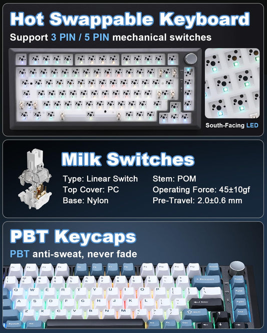 MIKIBY Y75 Gasket Wireless Mechanical Keyboard,75% Hot-Swappable with Knob, Tri-Mode,Creamy Pre-lubed Milk Linear Switches & Doubleshot PBT Keycaps, RGB, Win/Mac (Black & Blue)