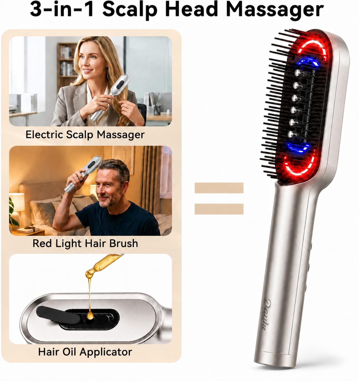 Dayln Electric Scalp Massager Hair Oil Applicator, Cordless Vibration Head Massager, Red Light Hair Brush, Deep Clean Comb for Home & Travel Silver