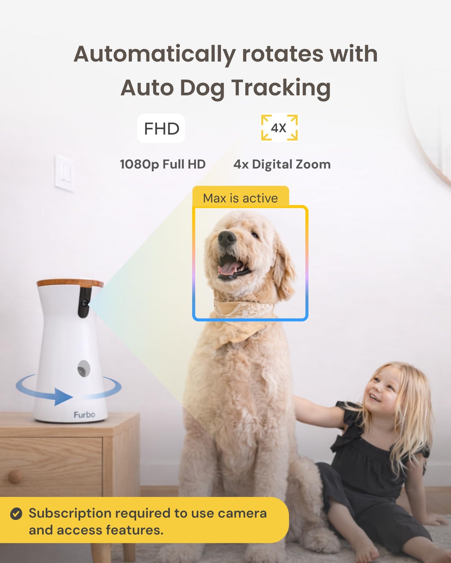 Furbo 360° Dog Camera [Subscription Required] Unlock w/Paid Plan: Home Security & Dog Safety Alerts, Rotating Pet Treat Toss, 2-Way Speaker (Low Risk, 3mo Min. Cancel Anytime)