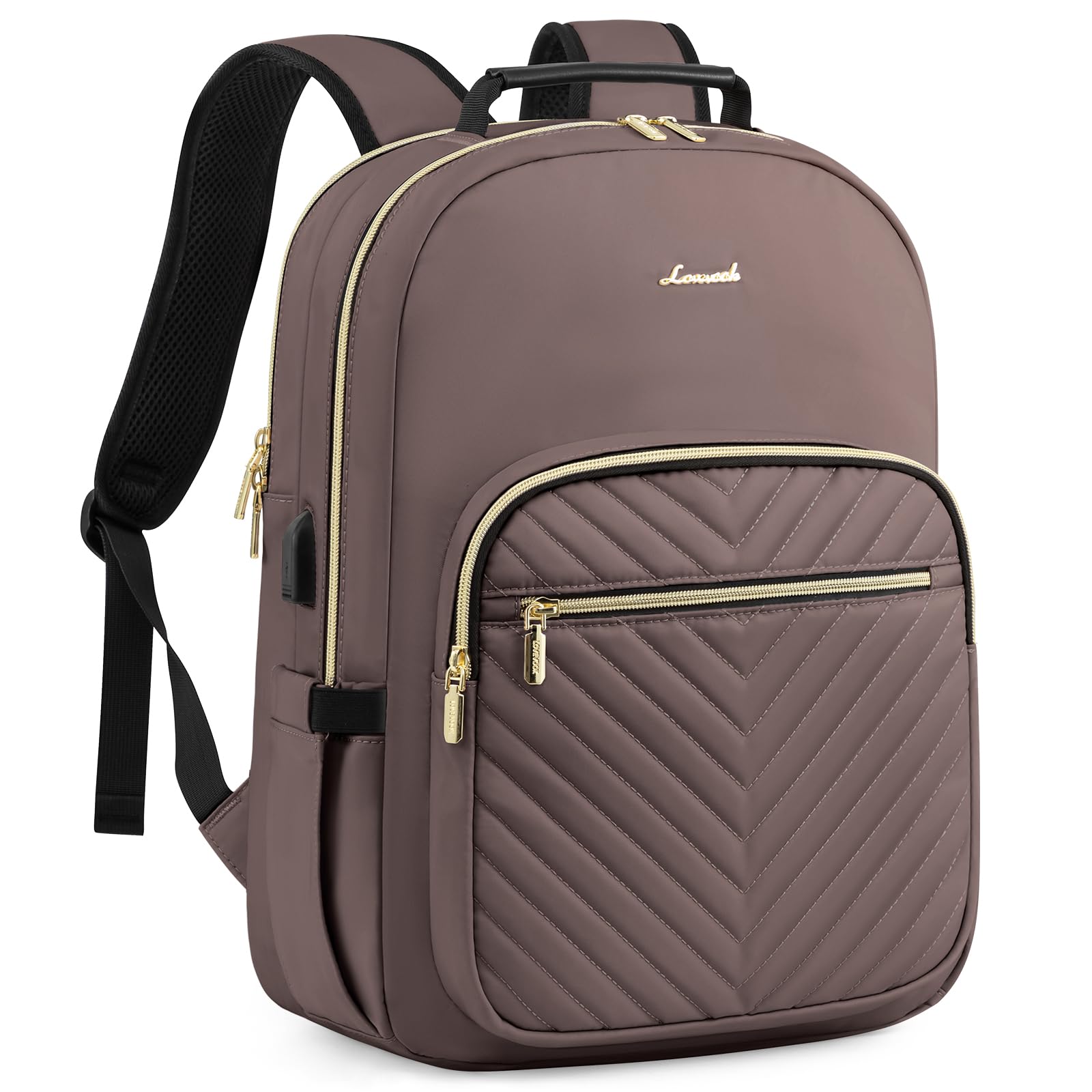 LOVEVOOK Laptop Backpack Purse for Women, Work Travel Computer Bags, College School Backpack for Student Girl, Quilted Casual Daypack with USB Port, Fit 15.6 Inch Laptop, Beige White