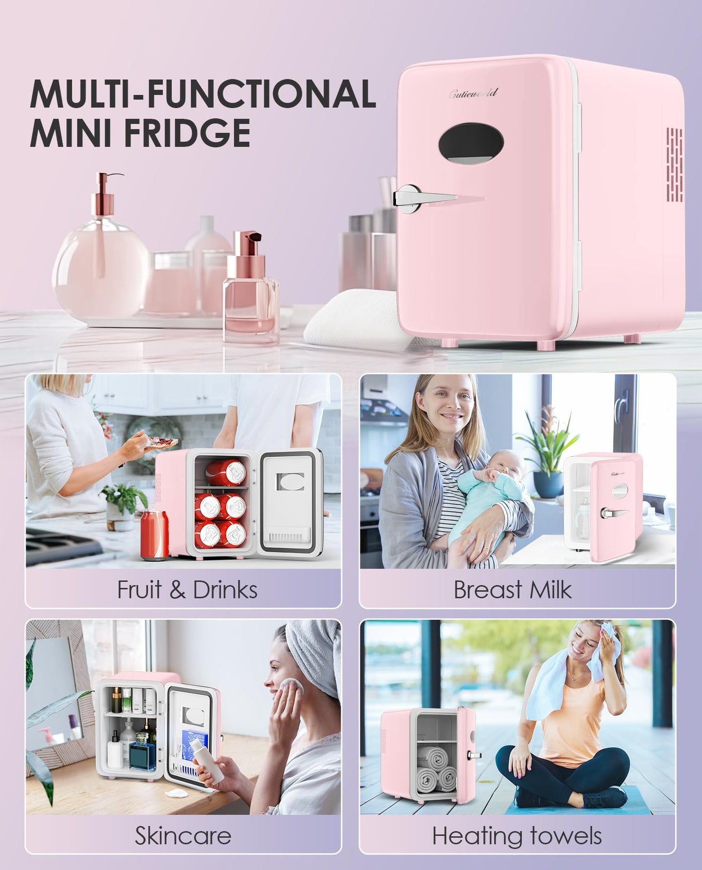 CUTIEWORLD Skincare Fridge - 4L Makeup Fridge for Refrigerating Makeup, Skincare and Food, Mini Fridge for Bedroom, Office and Car, Cooler and Warmer, Beverage Cooler, Leather Pink
