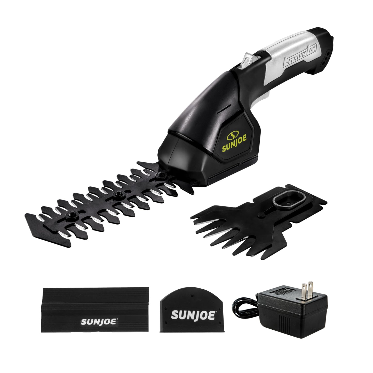 Sun Joe 2 in 1 Cordless 7.2V Handheld 4" Grass Shear and 6" Hedge Trimmer, Battery Powered, Built-In Safety Switch and Blade Safety Cover