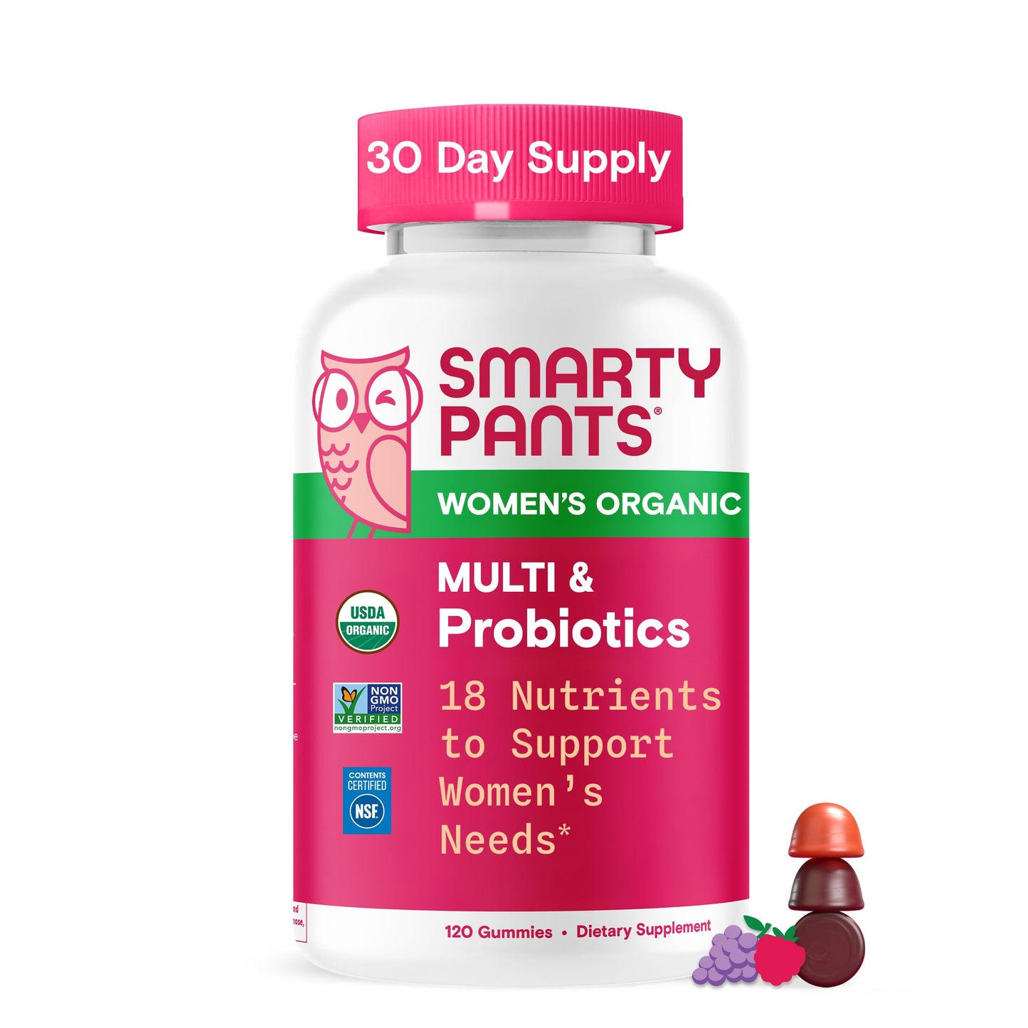 SmartyPants Women’s Organic Multi & Probiotics Multivitamin Gummies with Bacillus Subtilis [DE111], Omega 3 ALA, Methylfolate, Vitamin C, B12, Clean Label, 3 Fruit Flavors, 120 Count (30 Day Supply)