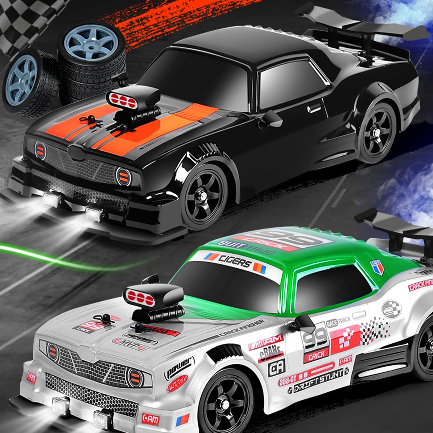 Sakeye RC Drift Car 1/16 2.4GHz 4WD Remote Control Cars, Rechargeable High Speed Drifting RC Cars with Spray, Cool Lights and Extra Tires Toy Car for Kids